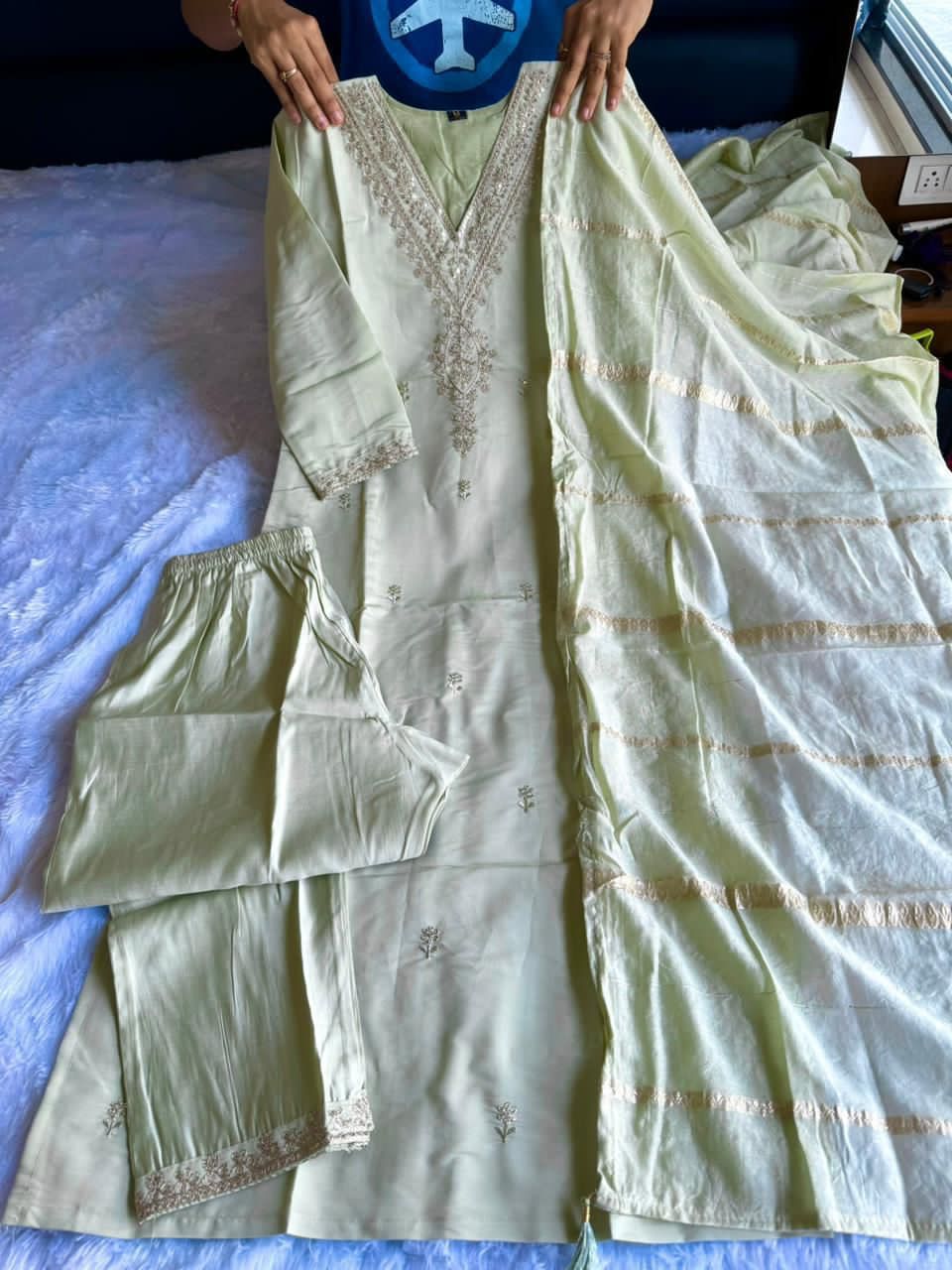Light green traditional outfit with embroidered work 