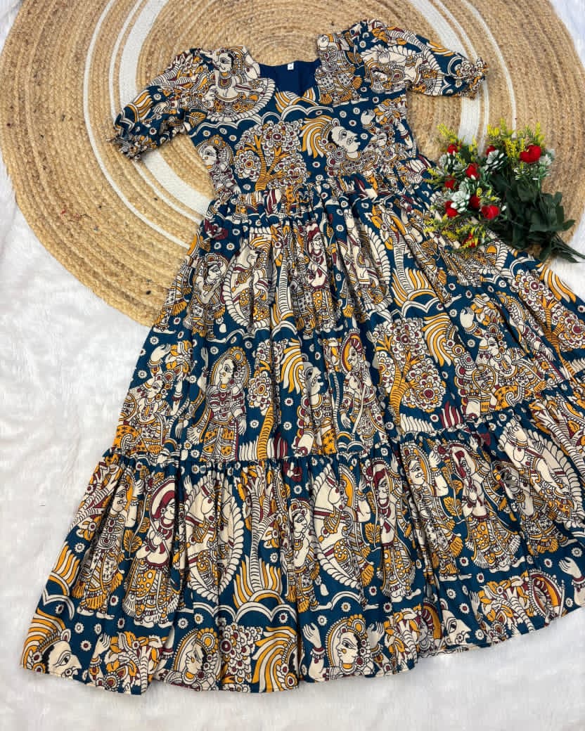 Navy blue patterned frock with intricate designs 