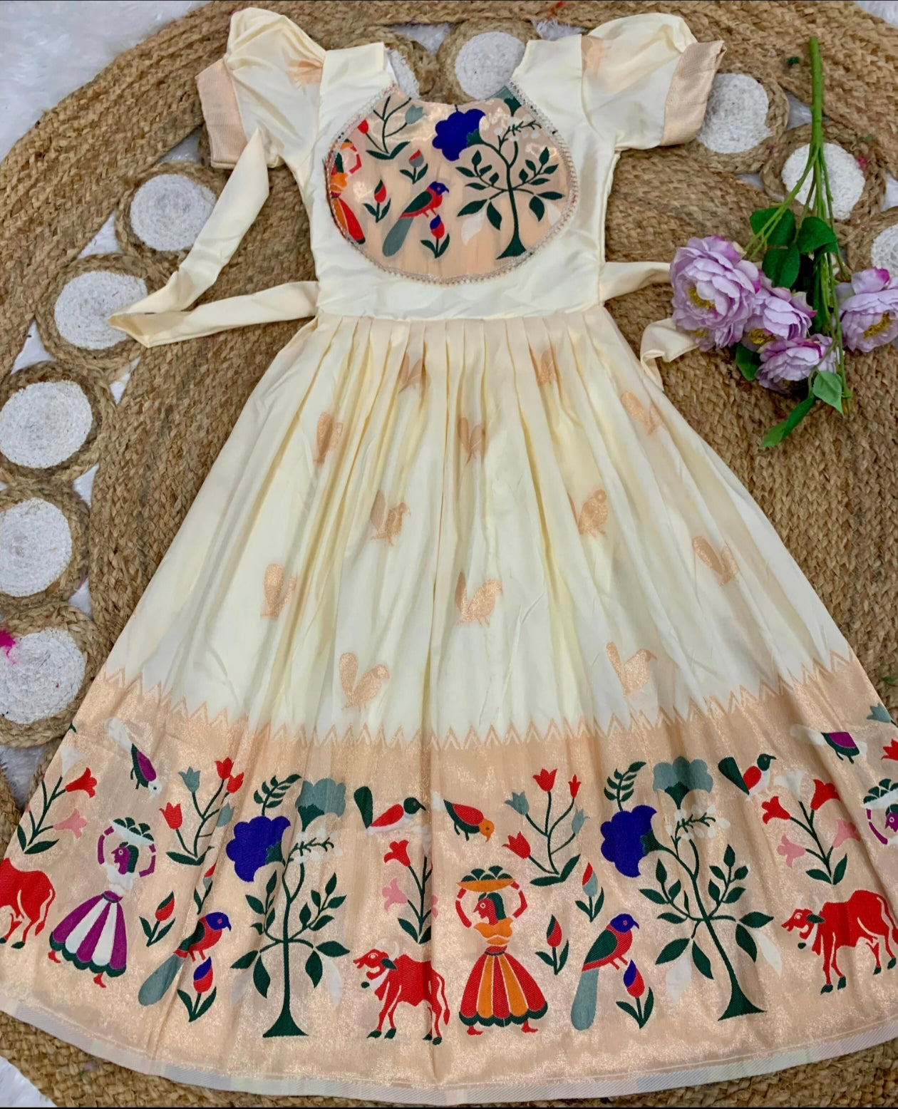 White dress with floral and animal embroidery on a texture surface with flowers.