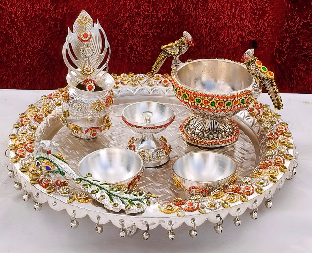 German silver peacock ghungaru pooja thali set