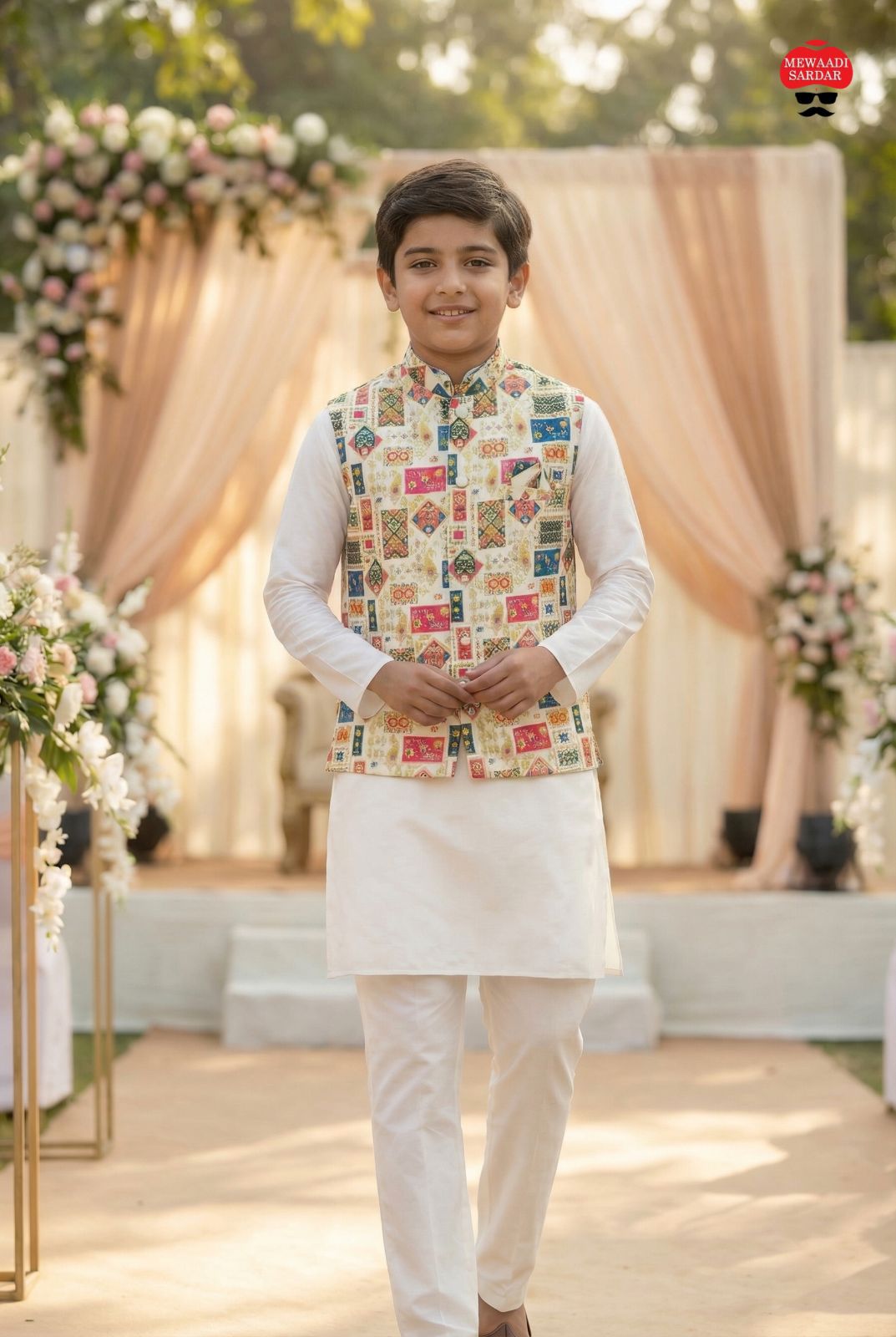 Young boy in beige colour traditional attire standing in front of a decorated outdoor setting with flowers and drapes.