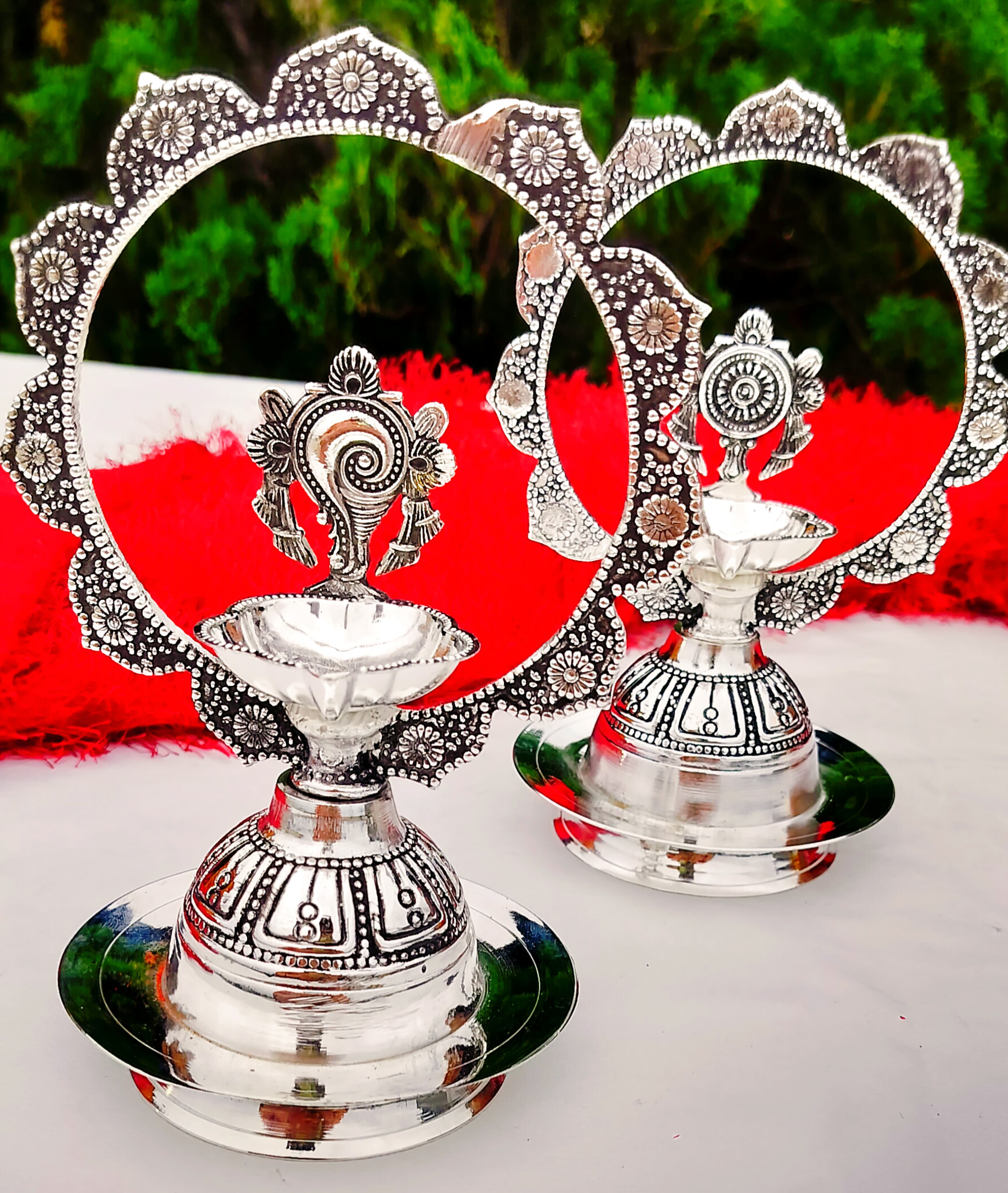 Antique german silver Shanku chakra diya pair