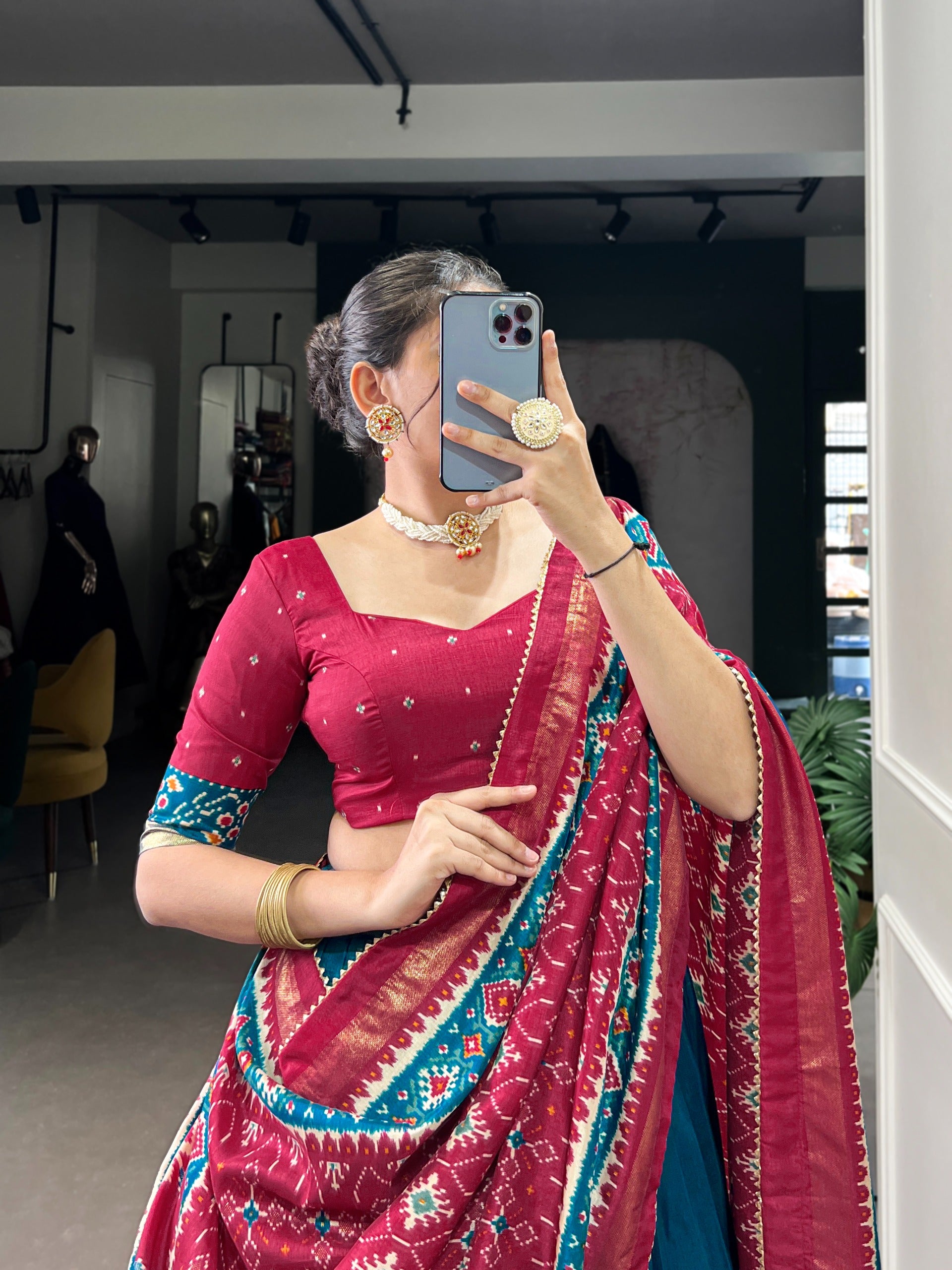 Traditional  blue lehanga with floral patterns 