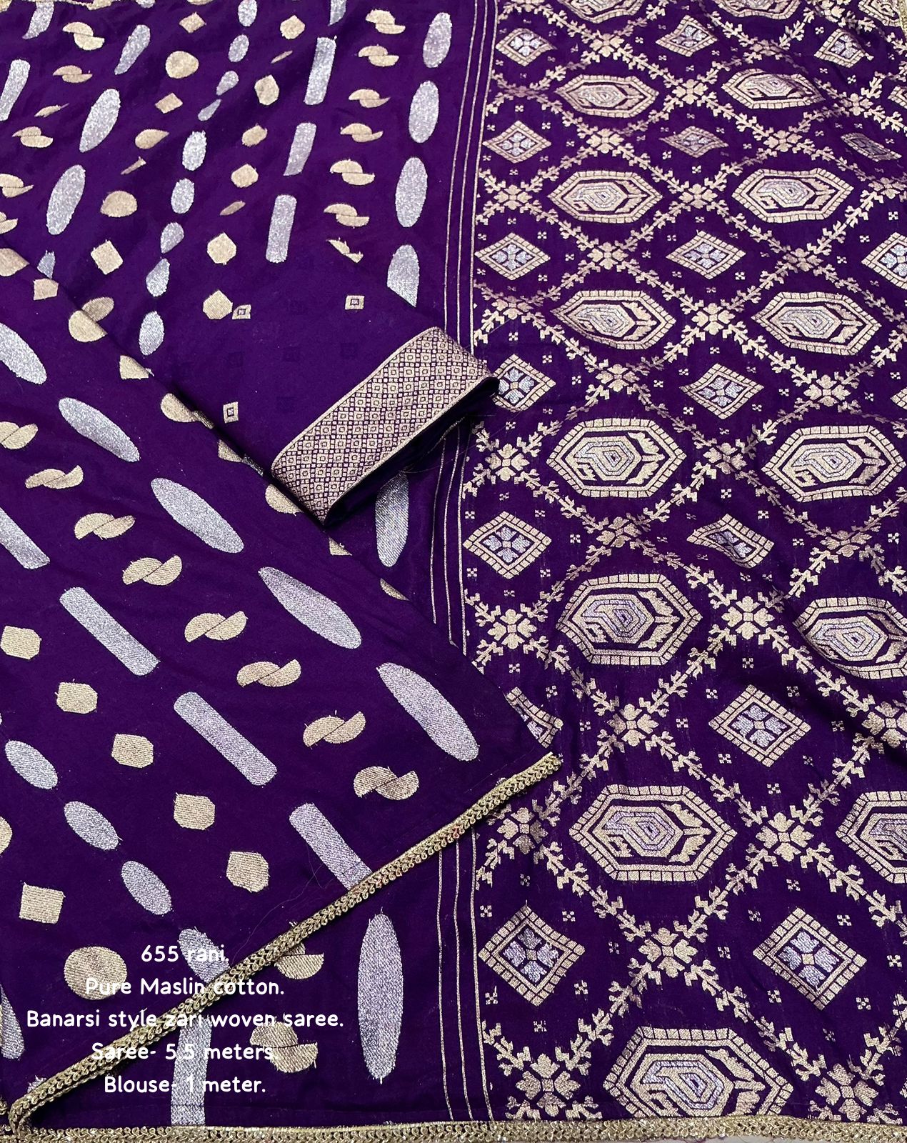 Purple saree with white patterns on a plain background
