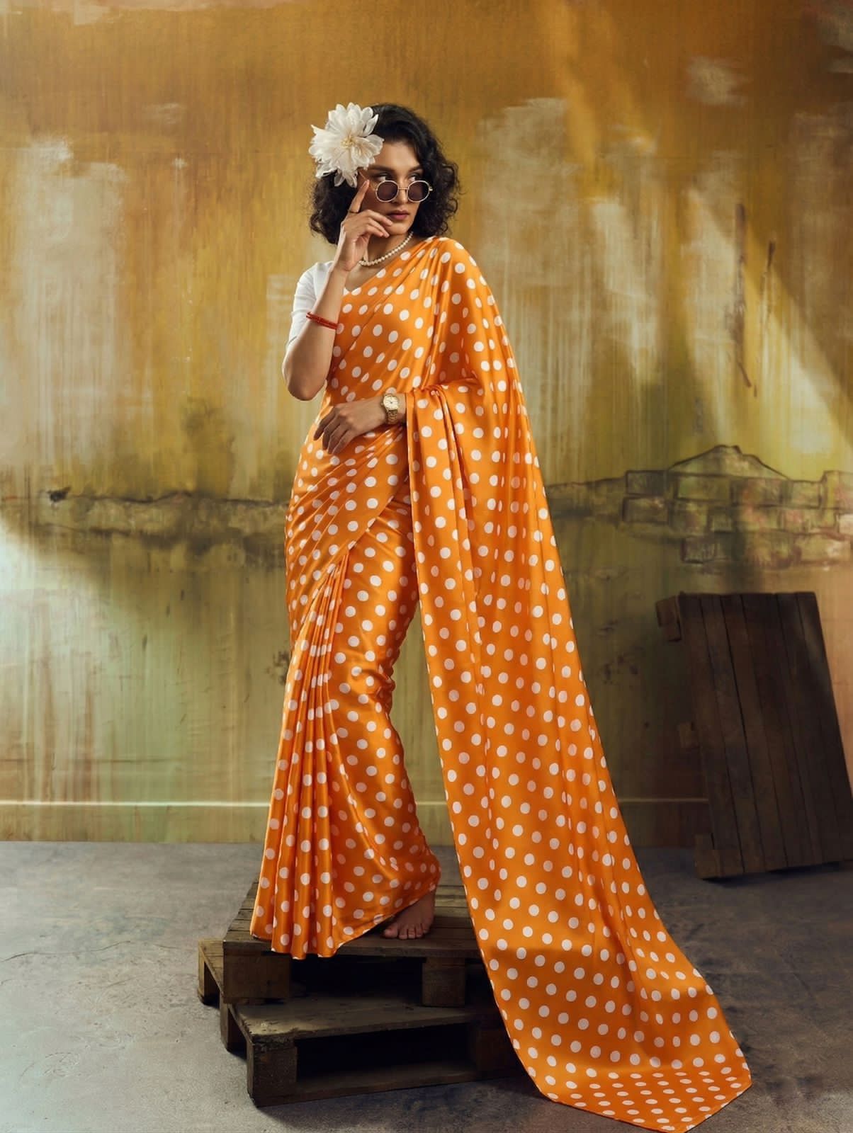 orange saree with polka dots 
