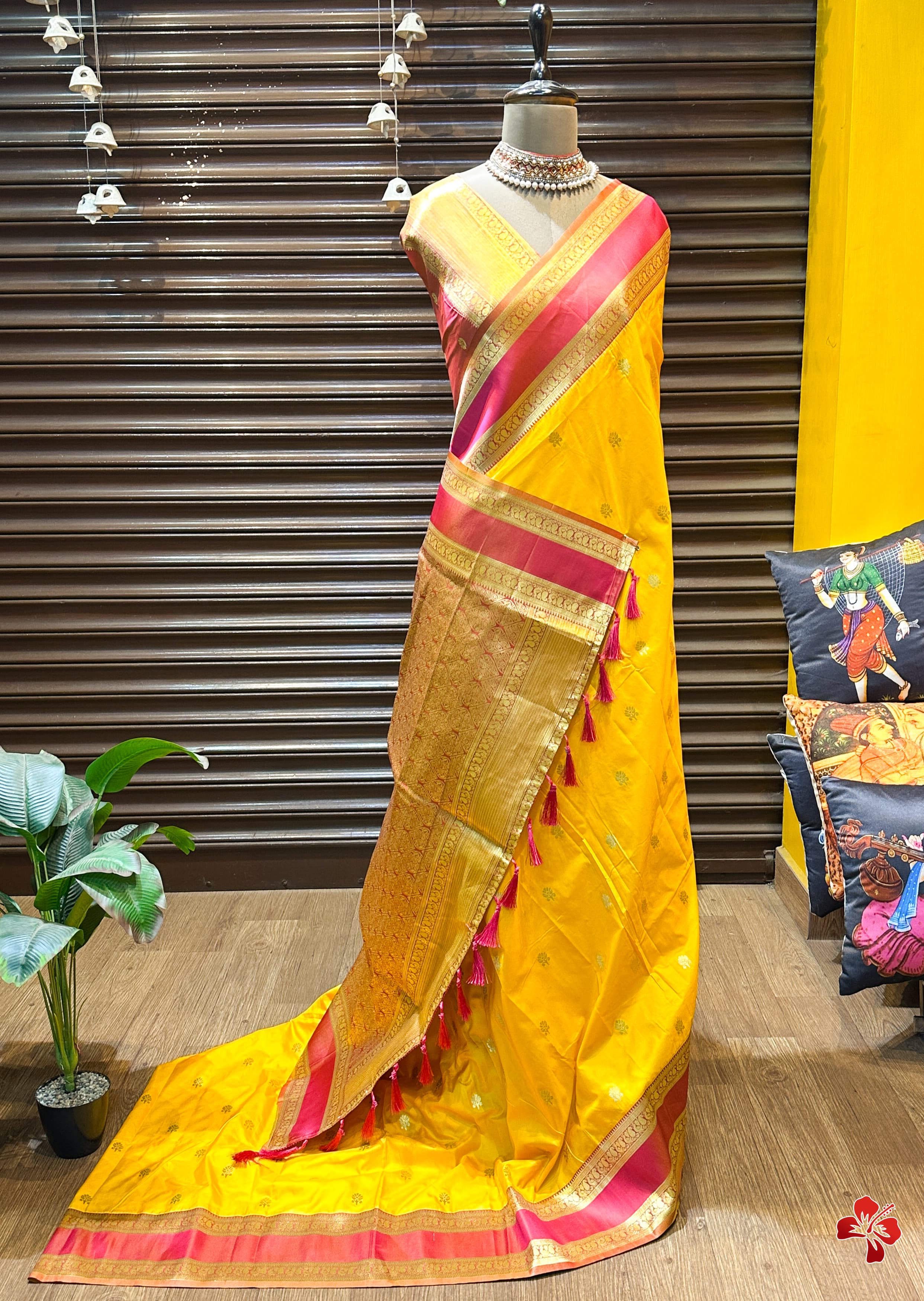 Yellow saree with gold border 
