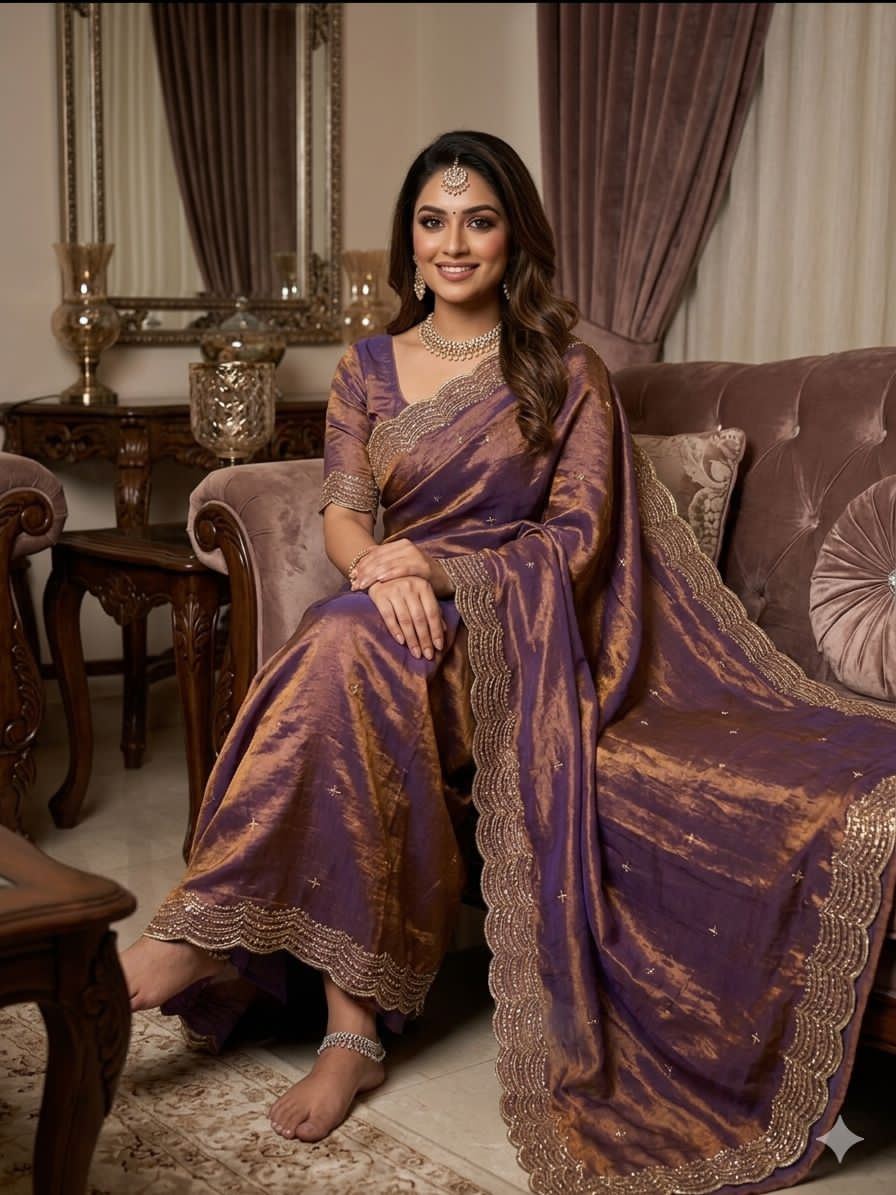 Woman in a purple traditional saree sitting on a couch in an elegant room.