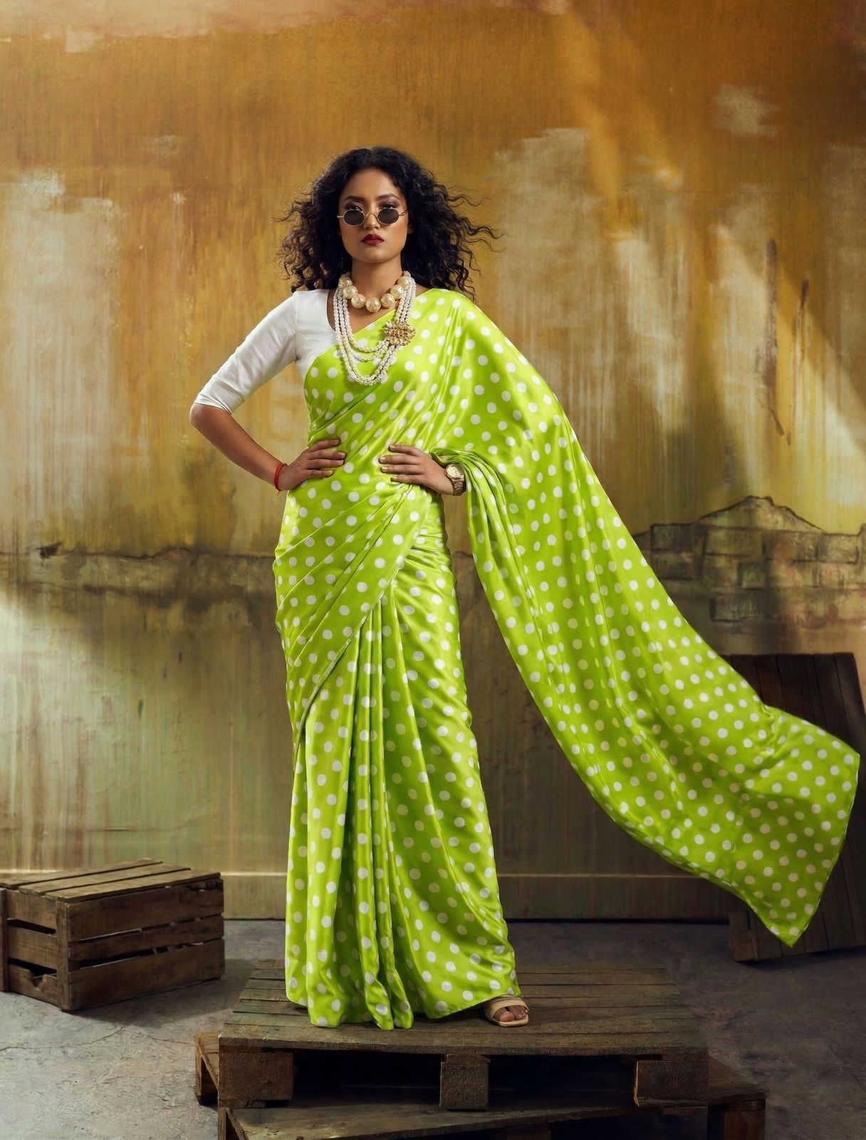 Parrot green saree with polka dots 