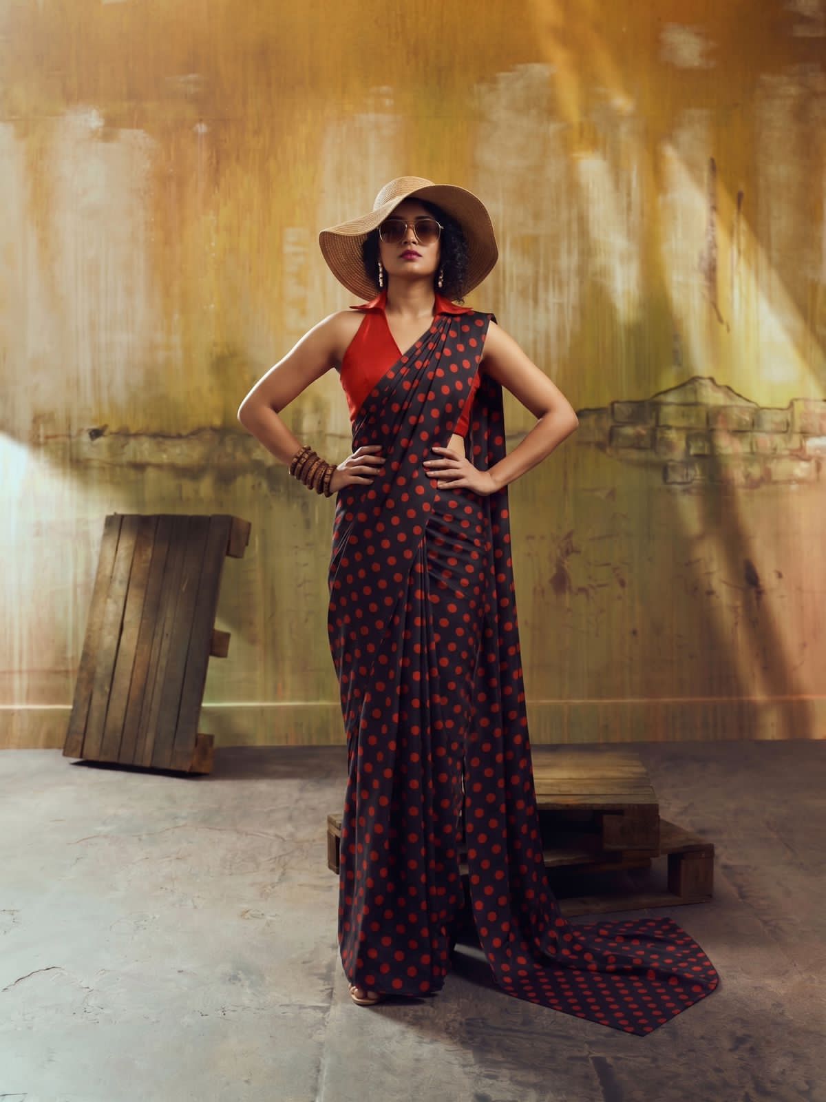  black patterned dress with polka dots 