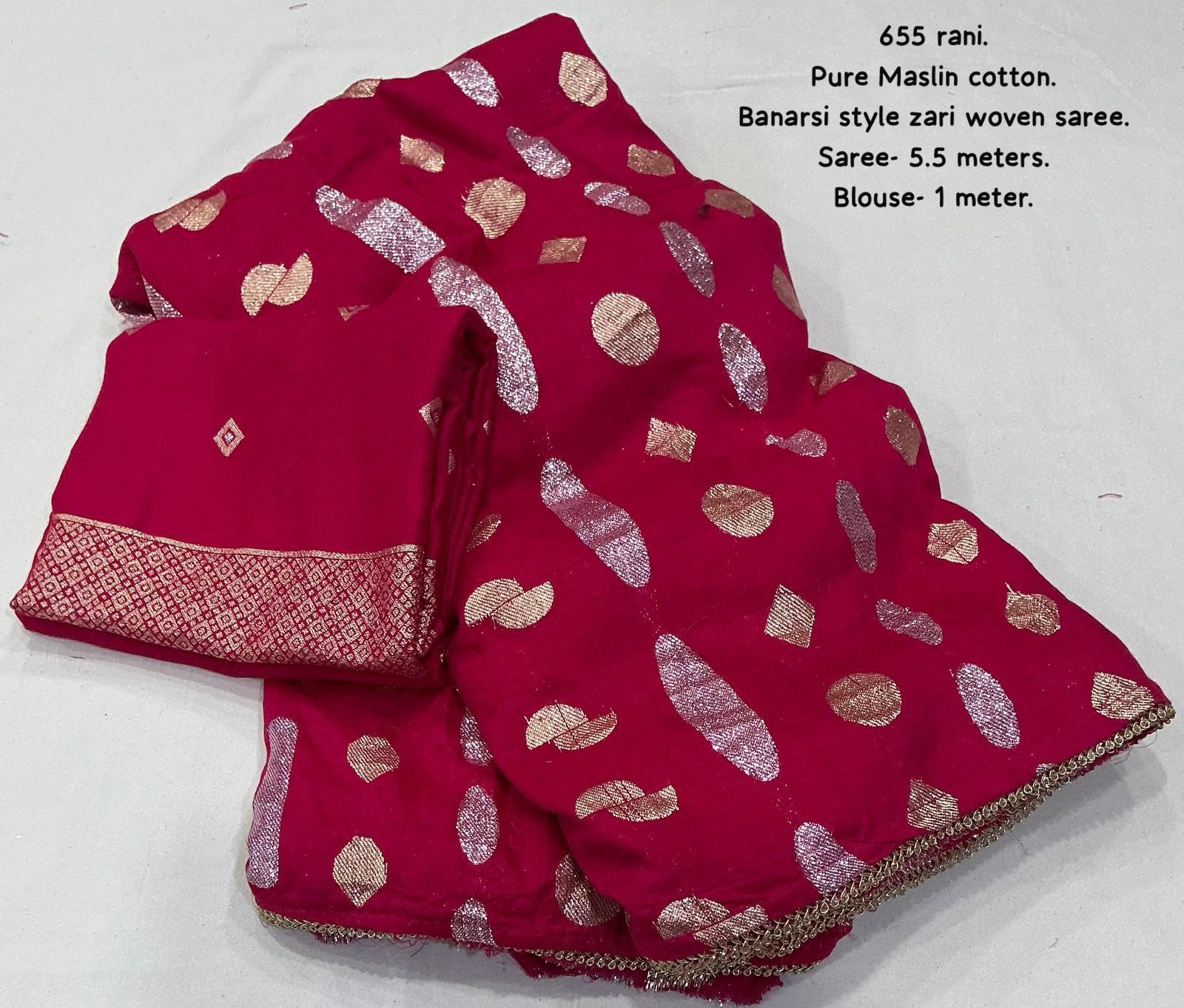 Pink saree with gold and silver zari patterns on a white background