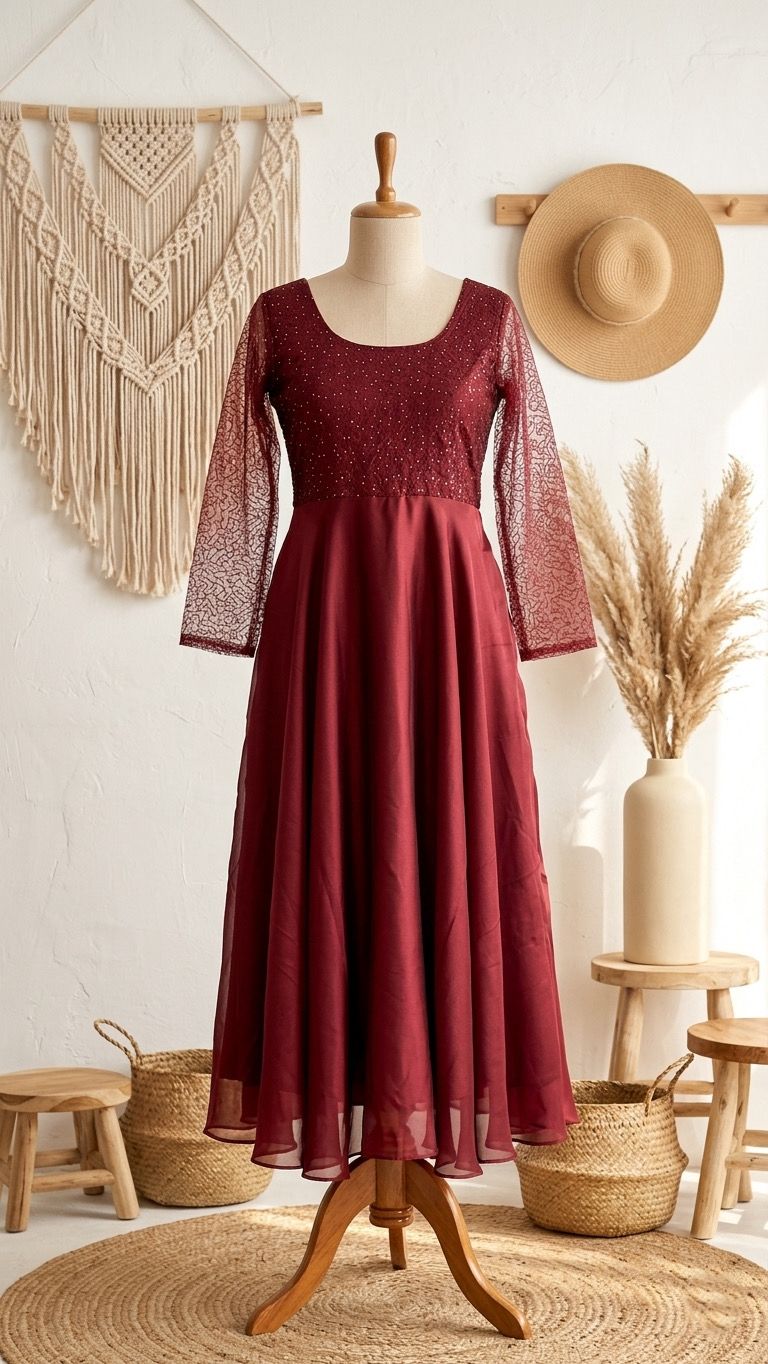 Red dress with bead work design 