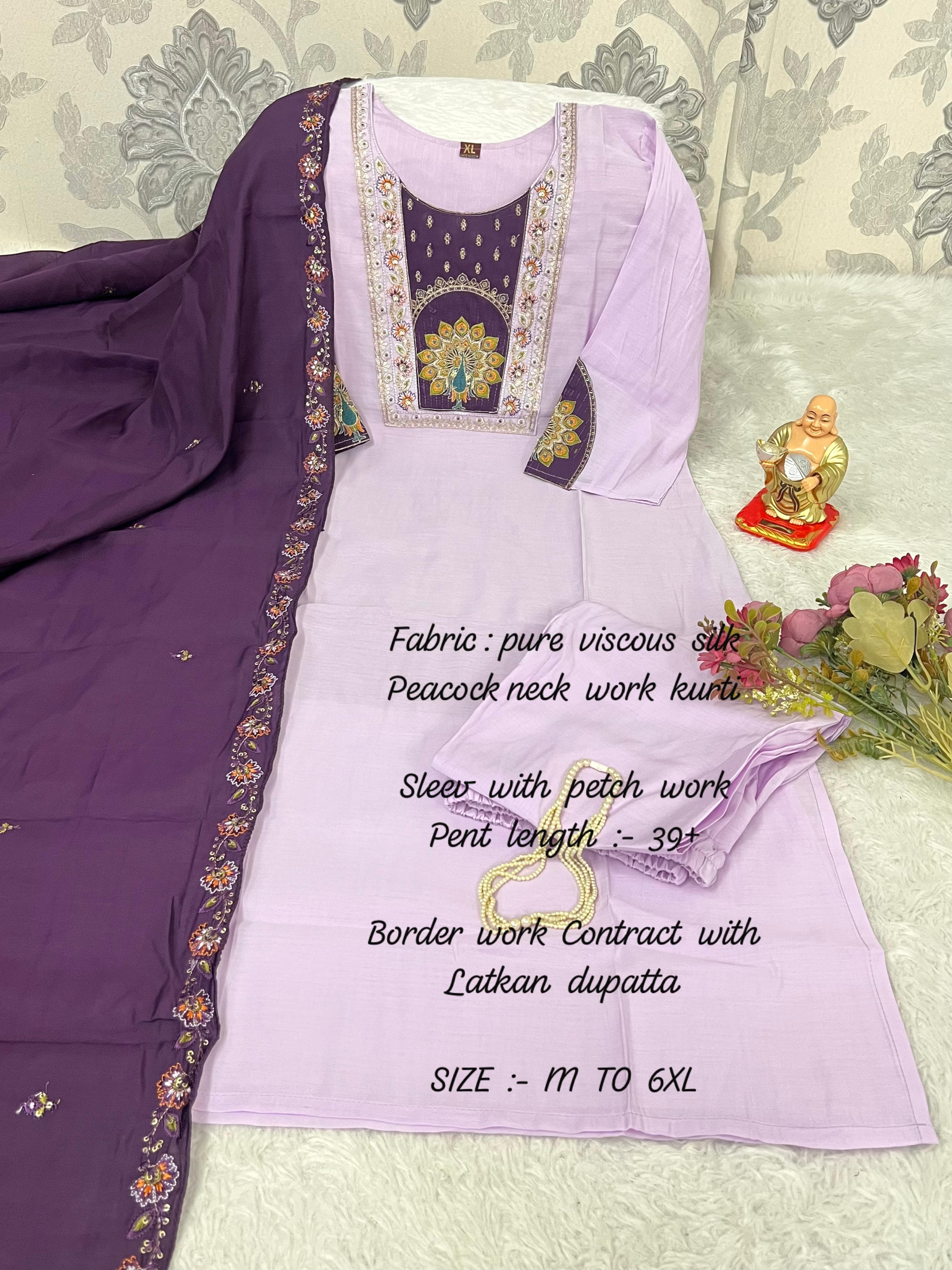 Purple embroidery kurti with text on a decorative background