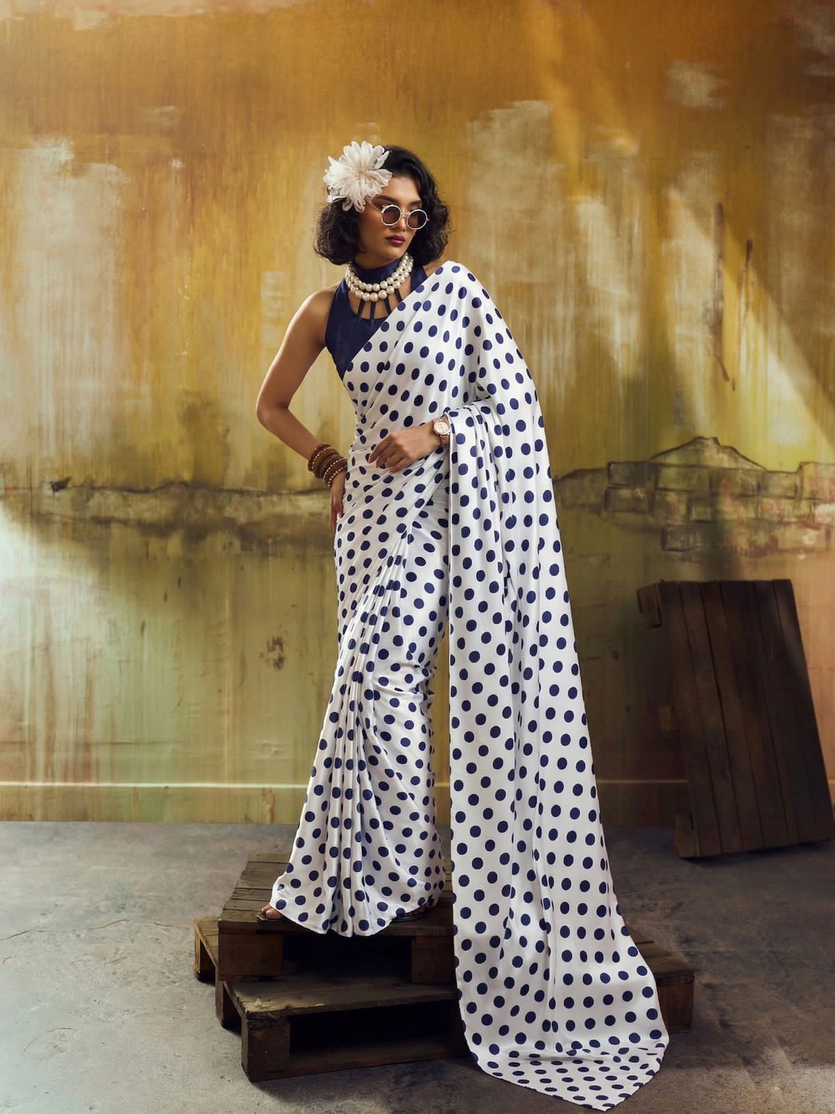 Ink blue polka dot saree