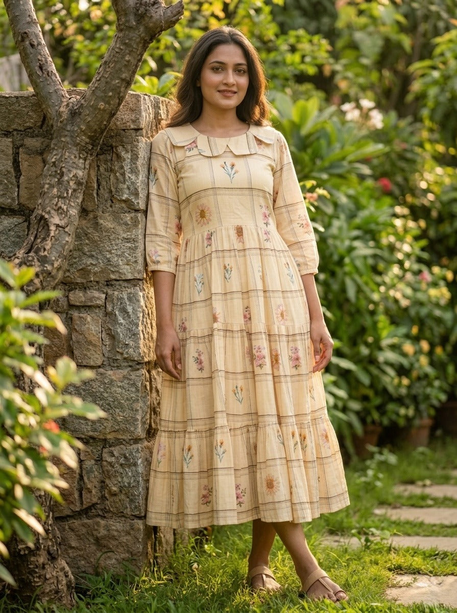 beige frock with floral patterns 