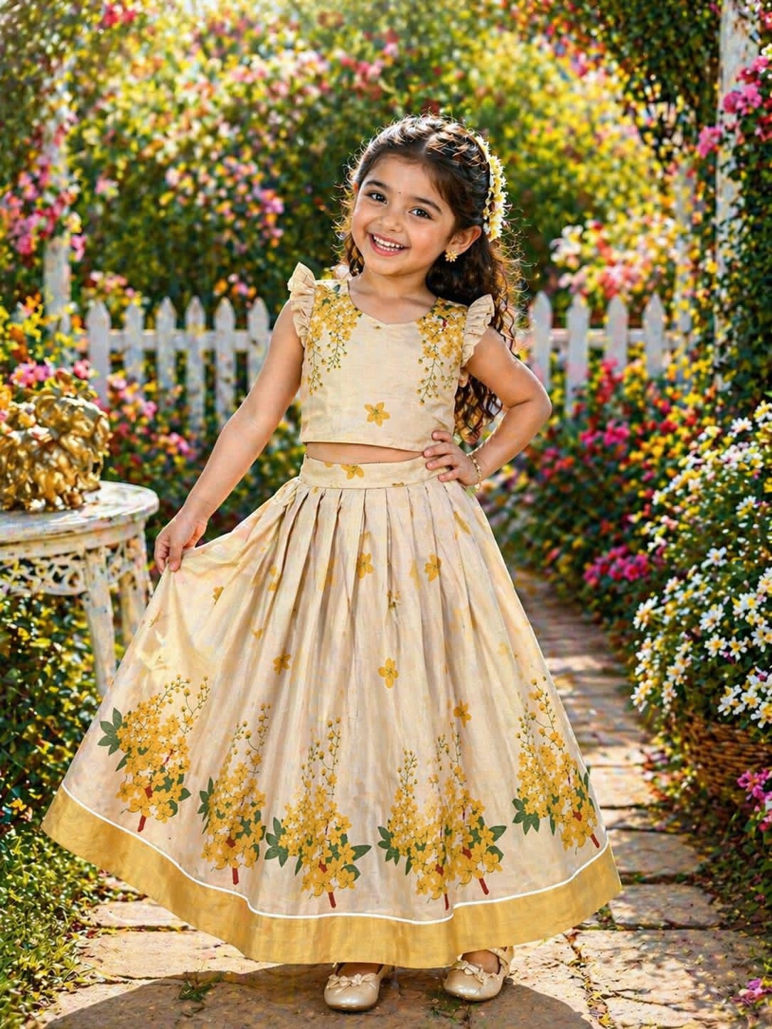 Beige lehanga with gold floral patterns 