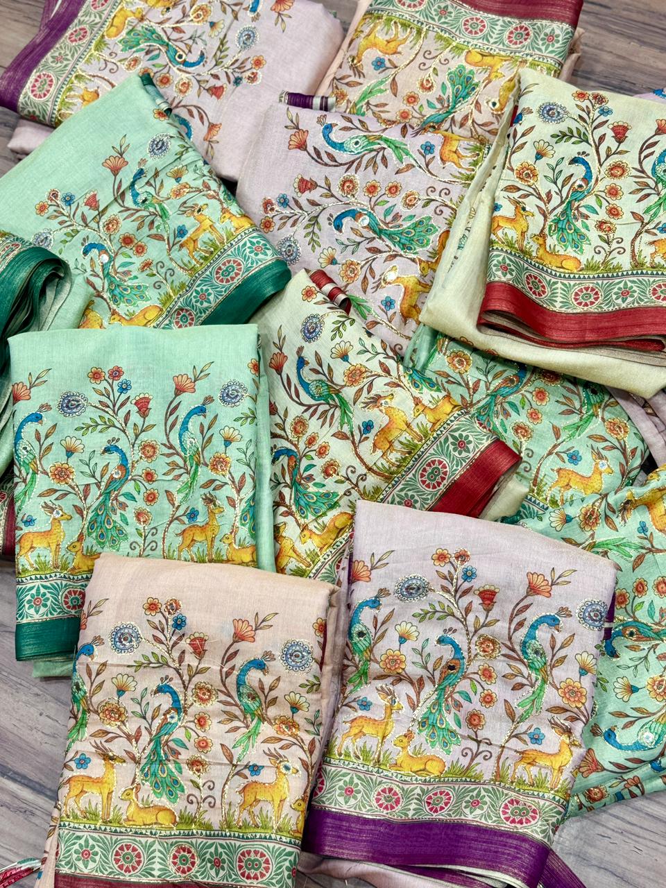 Pista green, beige,Blush pink and cream colour sarees