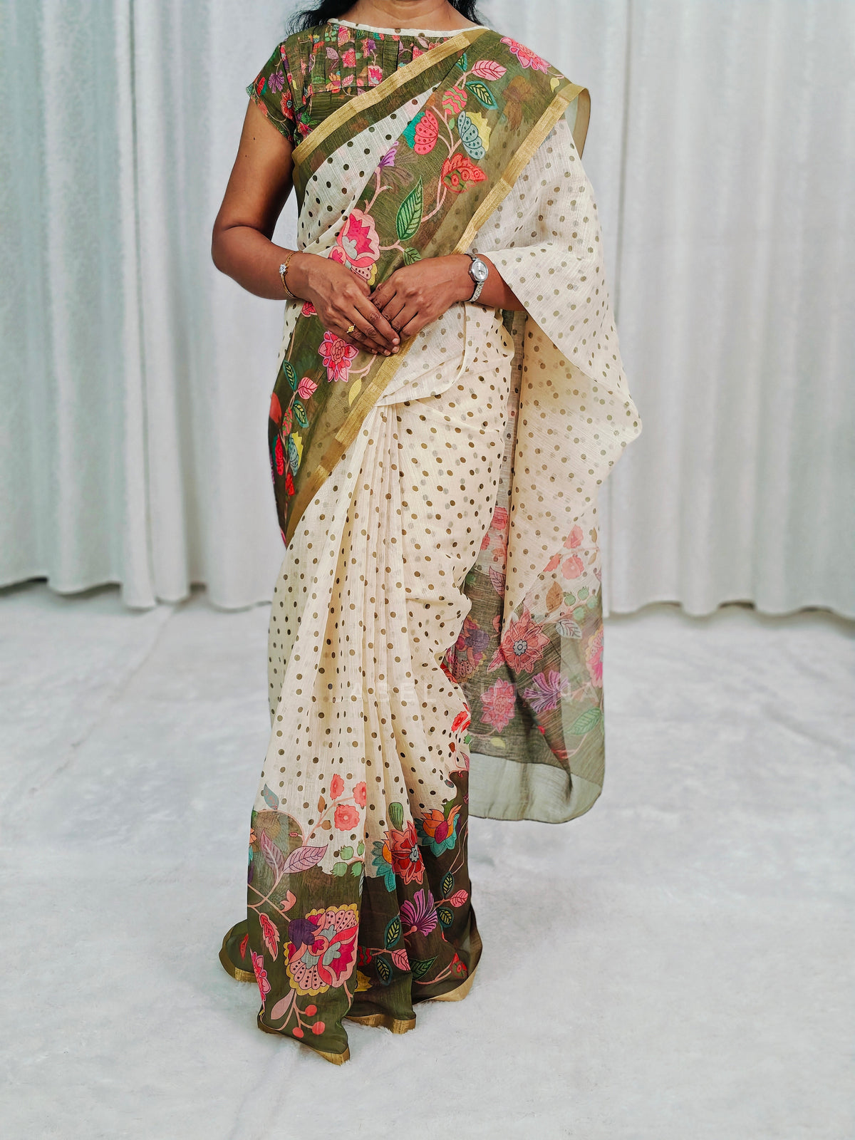 Green Linen digital print saree with matching stitched blouse