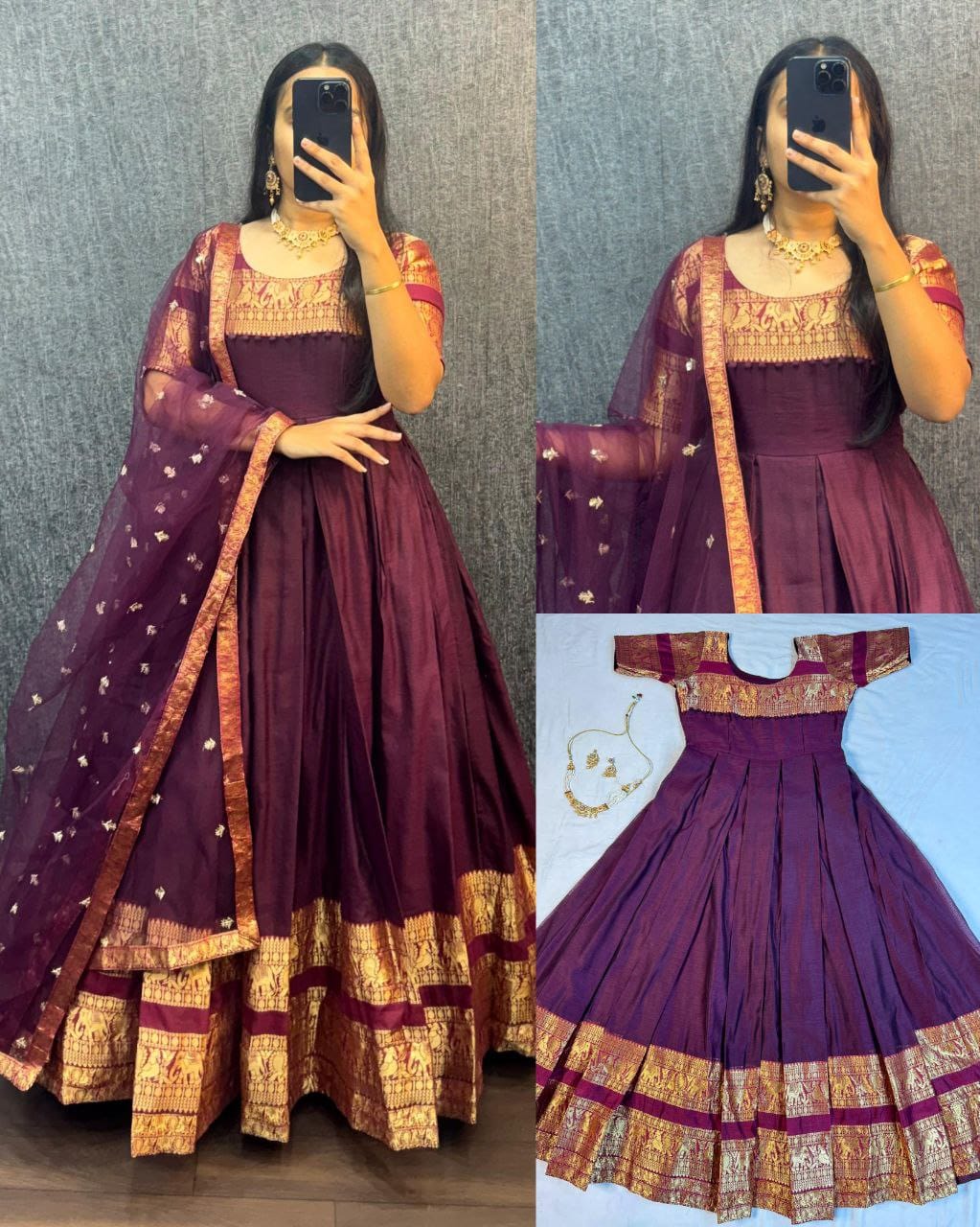 Wine traditional outfit with gold details worn by a person, displayed on a gray background.