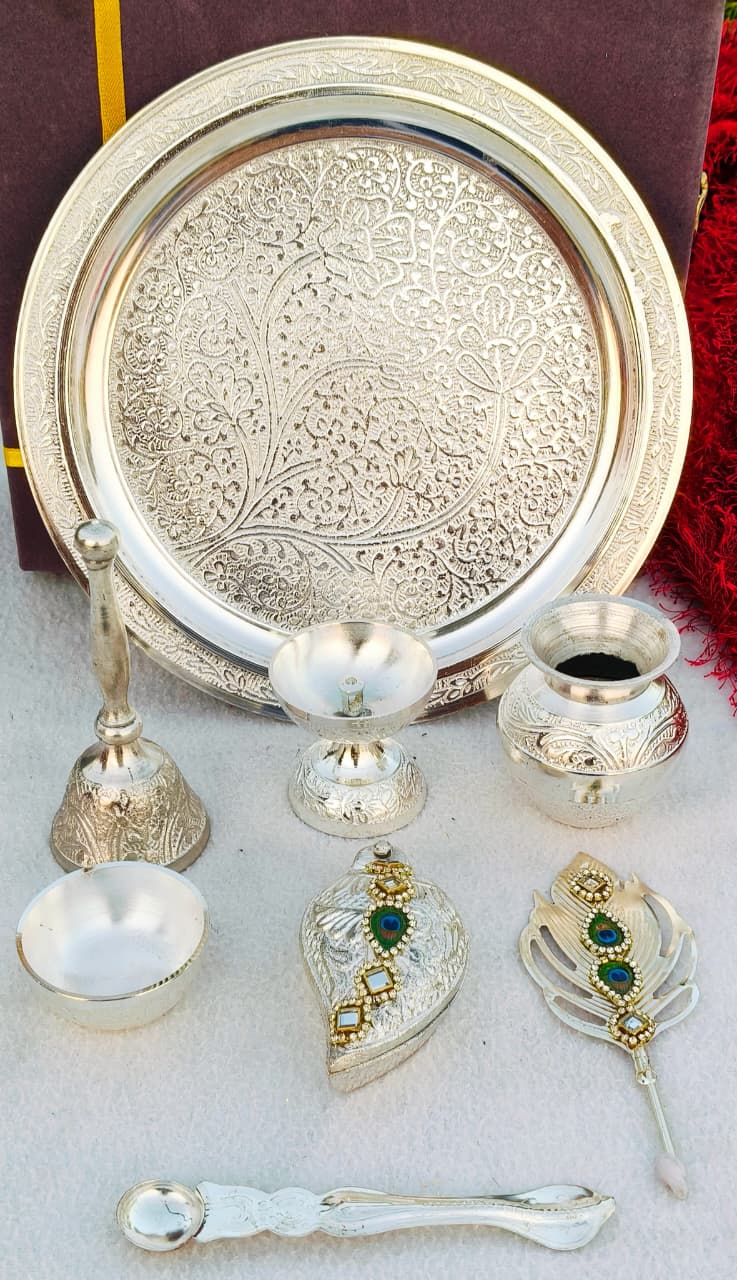 German silver pooja set with velvet box