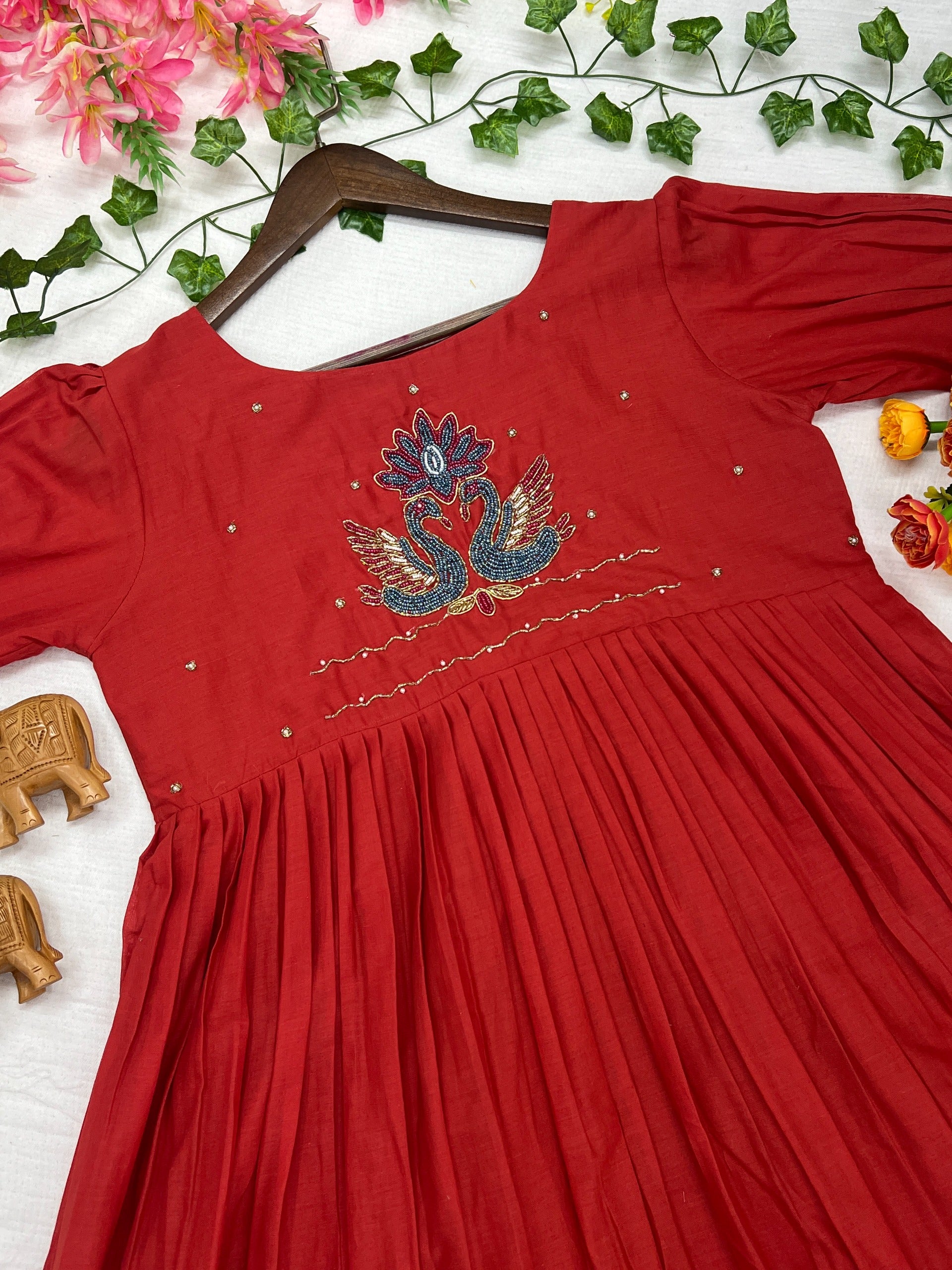 Red dress with floral embroidery work 