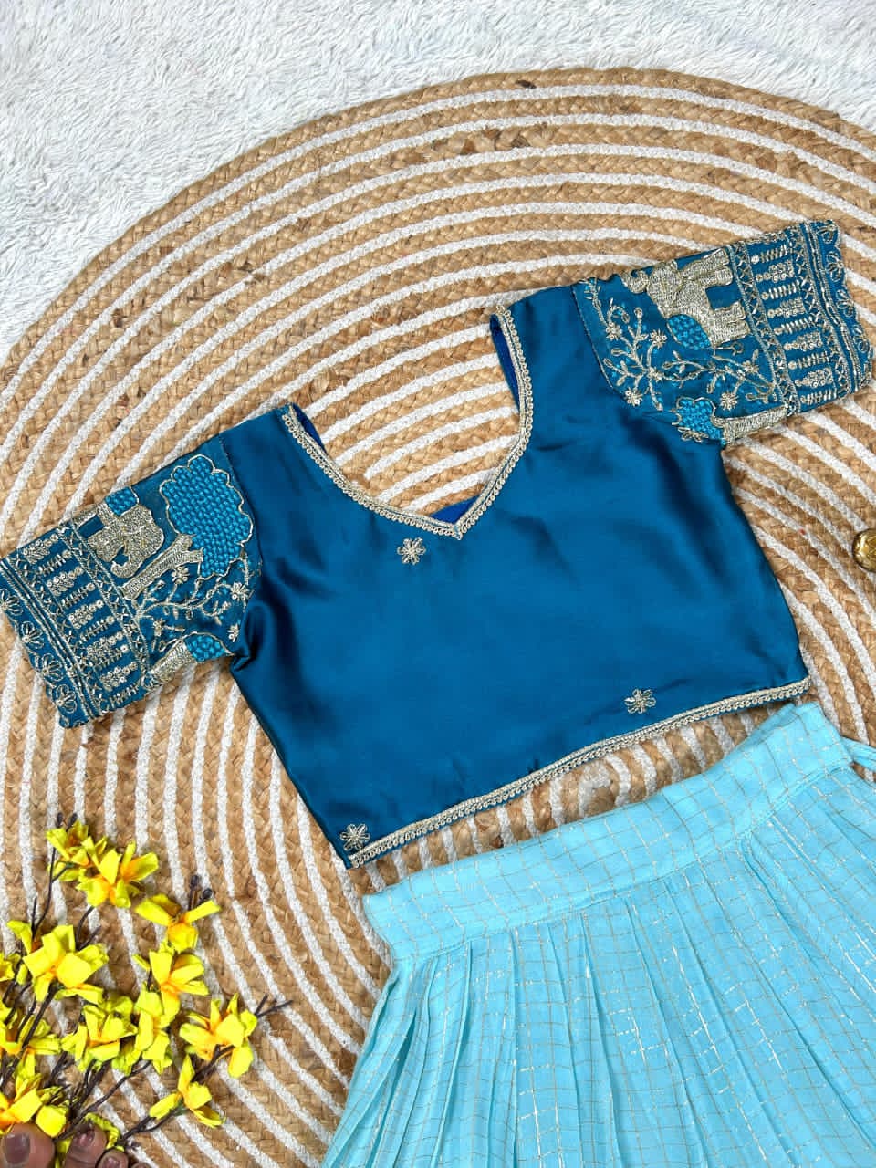 Sky Blue lehanga with gold border 