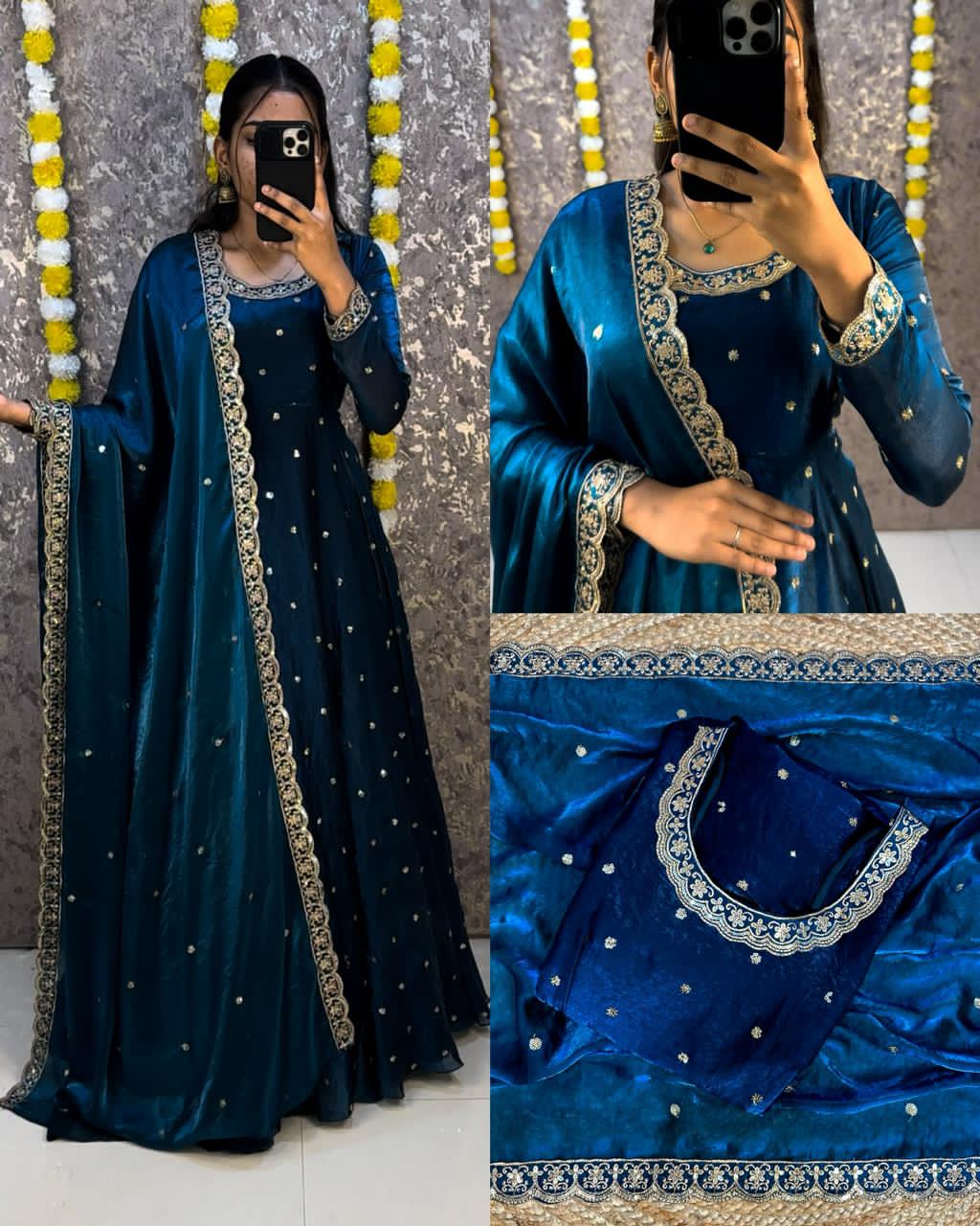 Woman wearing a Teal blue embroidery dress with close-up details in a mirror selfie.