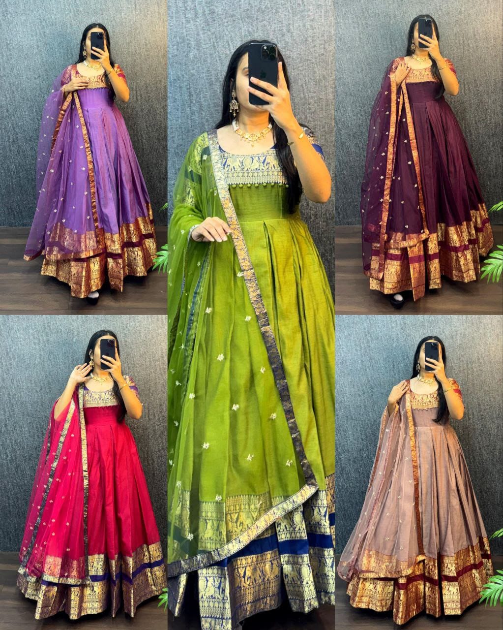 Parrot Green,Lavender,wine, onion pink and Rani pink colored traditional dresses with dupattas.