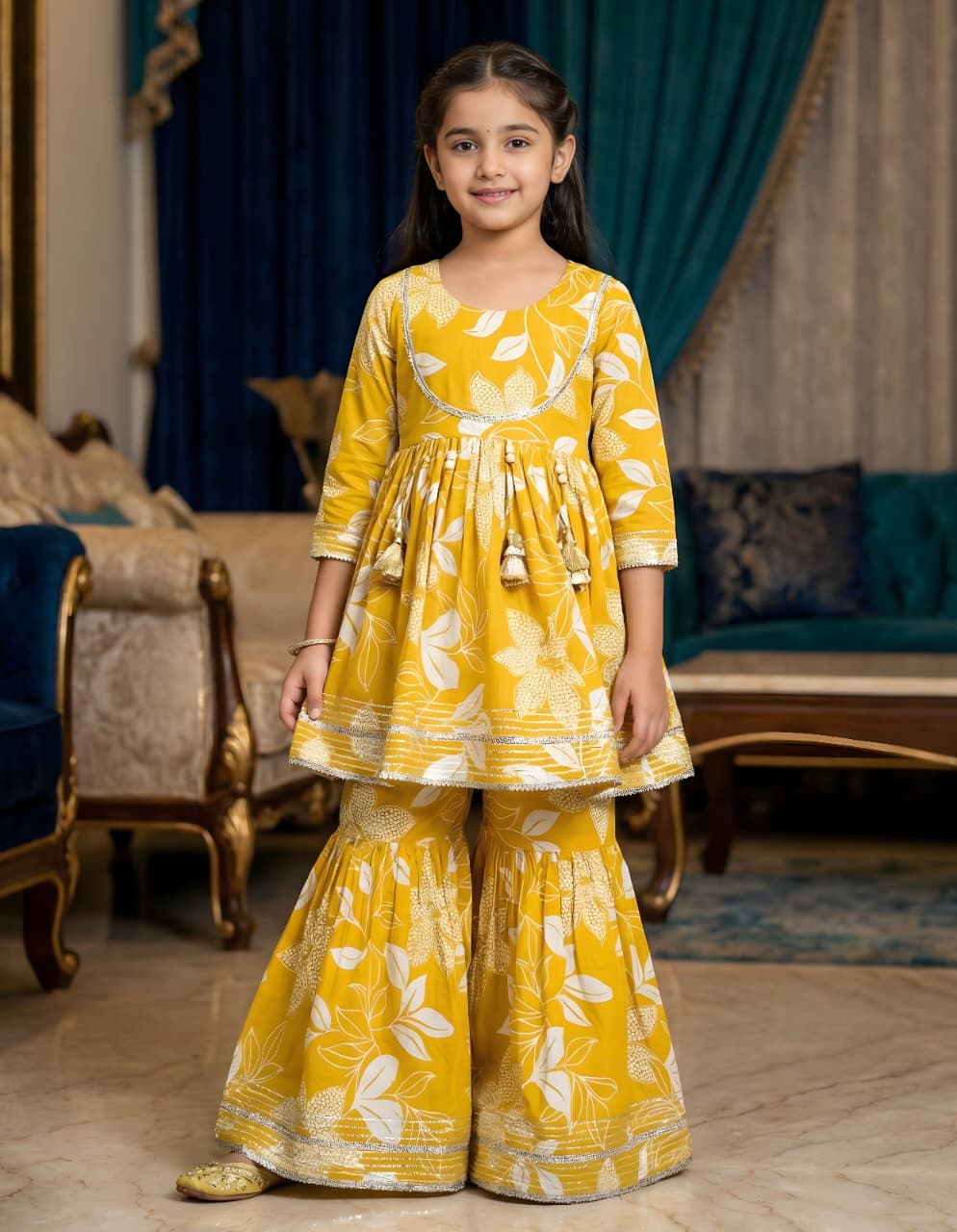 Young girl in a yellow floral outfit standing in a decorated room.