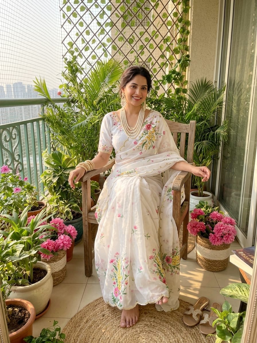 Woman in a white floral dress sitting on a chair surrounded by plants on a balcony.