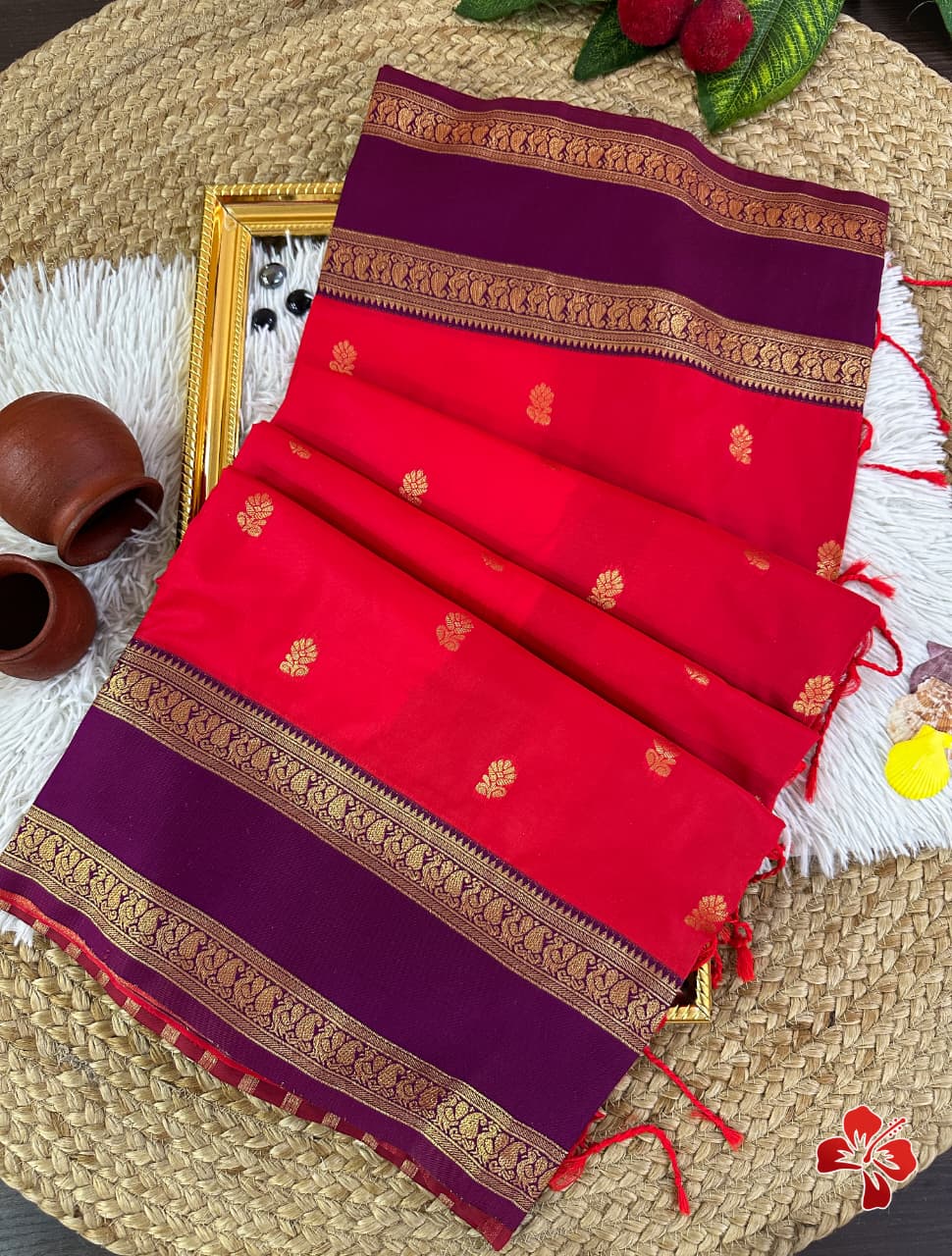 Red saree with gold patterns