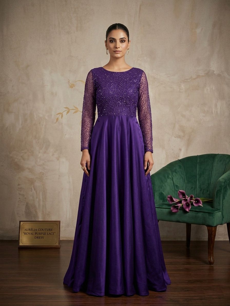 Woman wearing a purple evening gown with lace sleeves against a neutral background