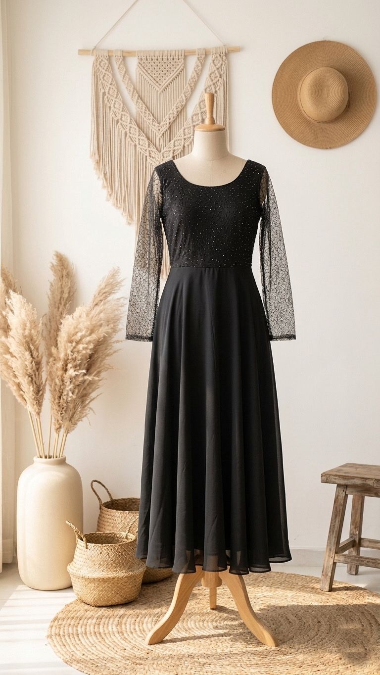 Black dress with bead work design 