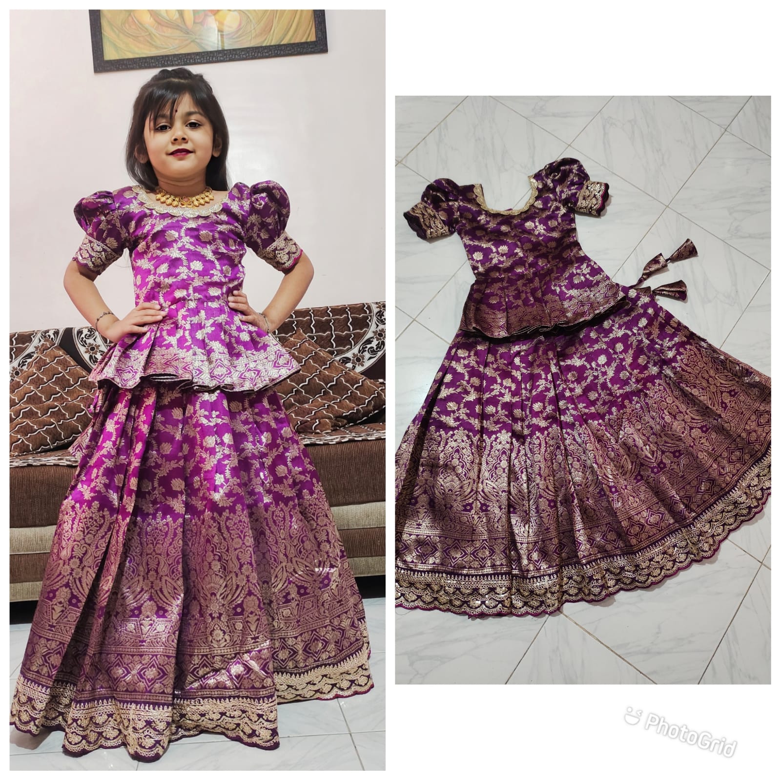 Child wearing a purple traditional outfit with a close-up of the same outfit on a tiled floor.