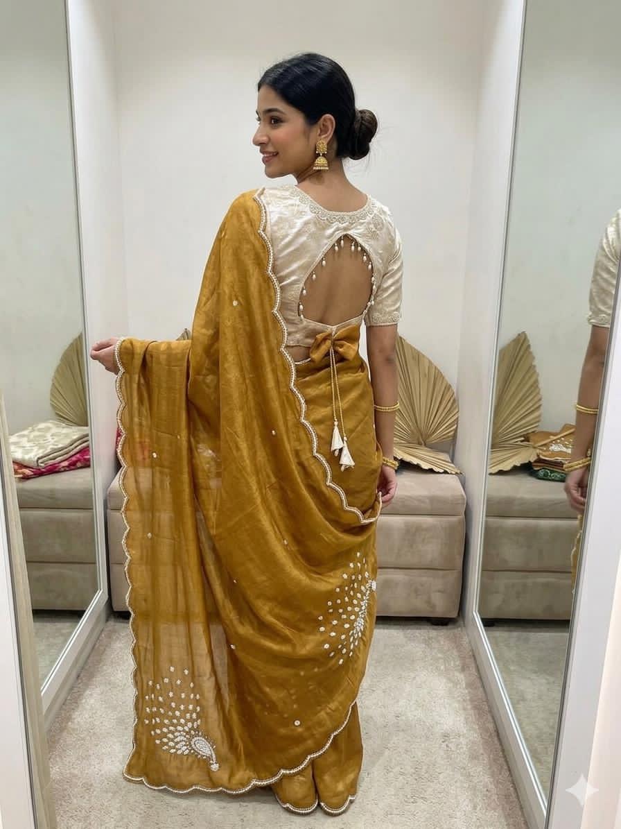 Gold saree with cream blouse 
