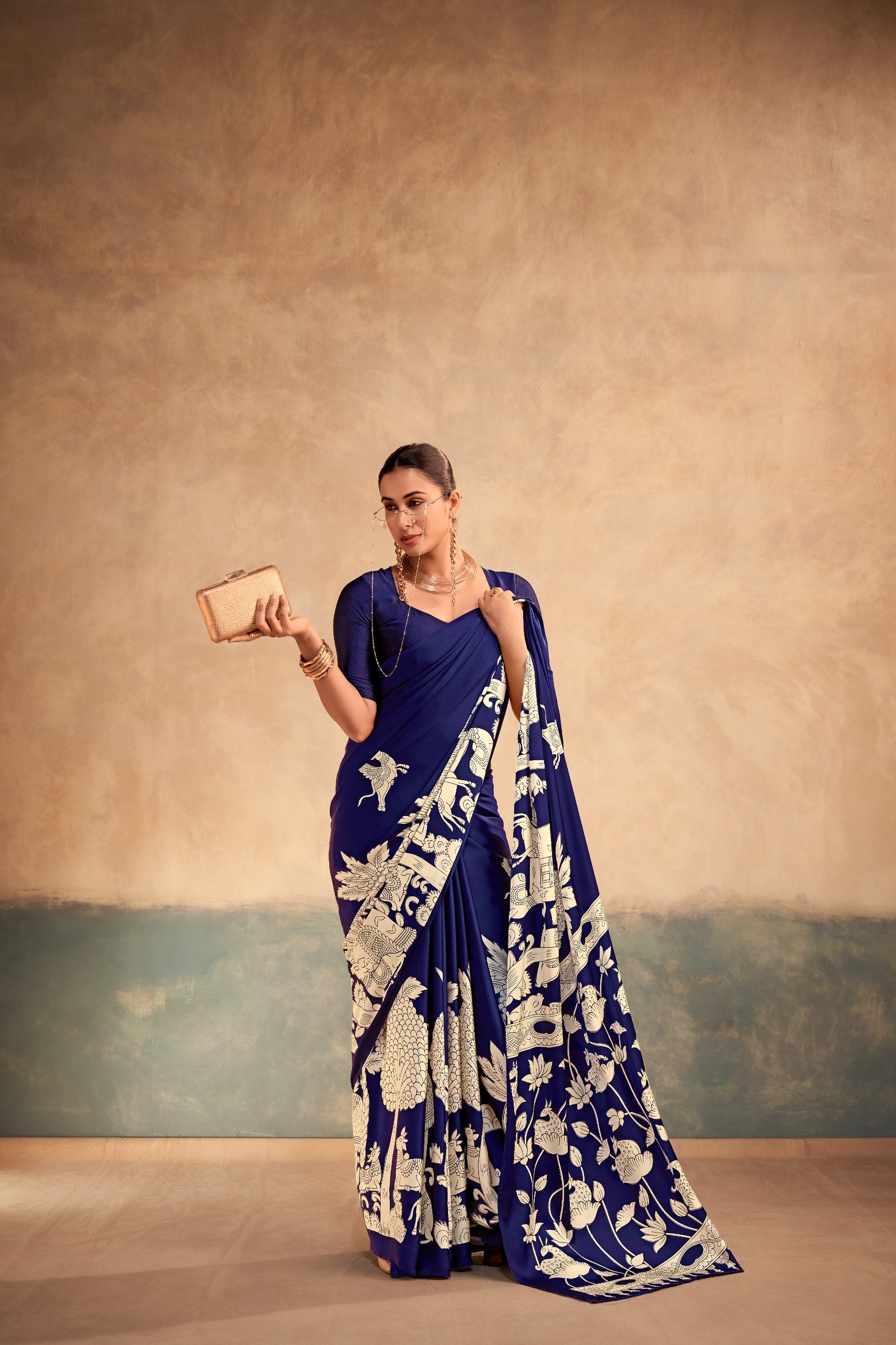 Navy blue saree with white floral pattern