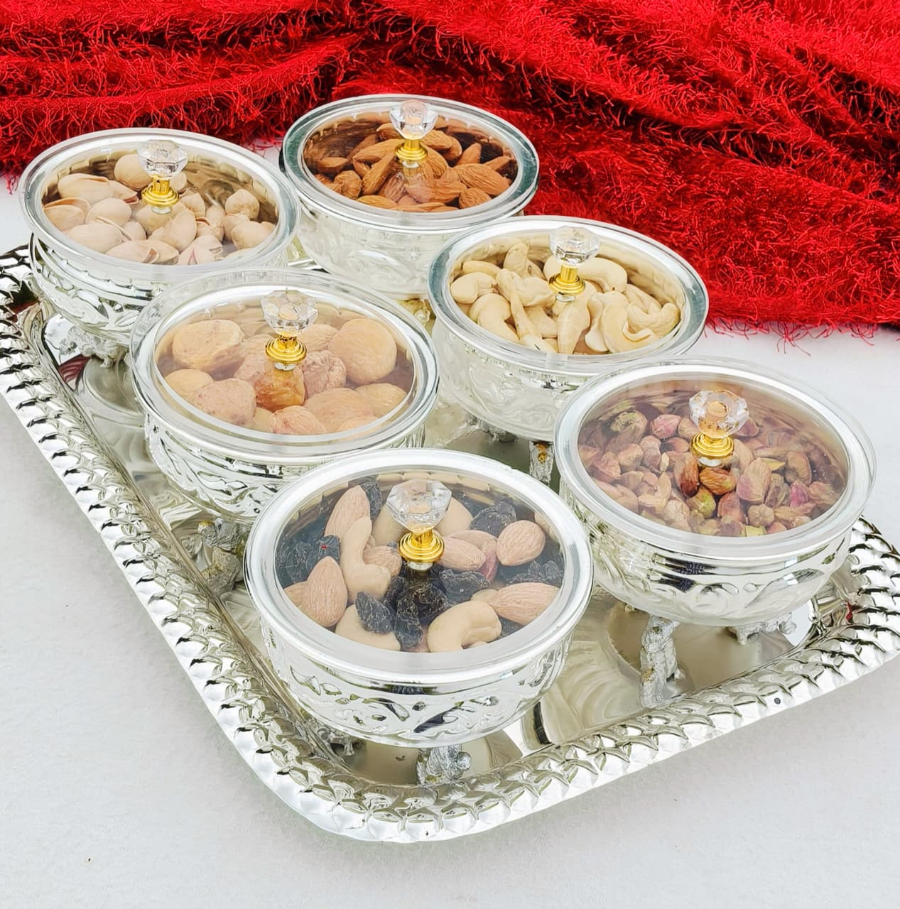 German silver 6 piece acrylic lid elephant urli with tray set