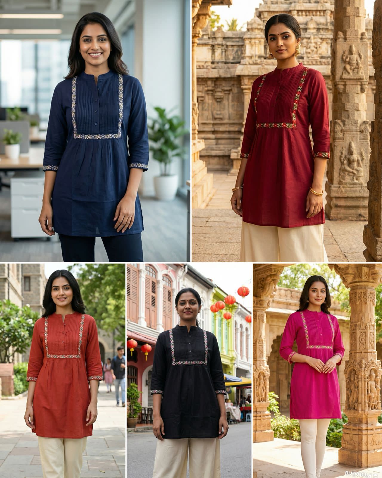 Bright pink,rust orange,Navy blue,red and black 