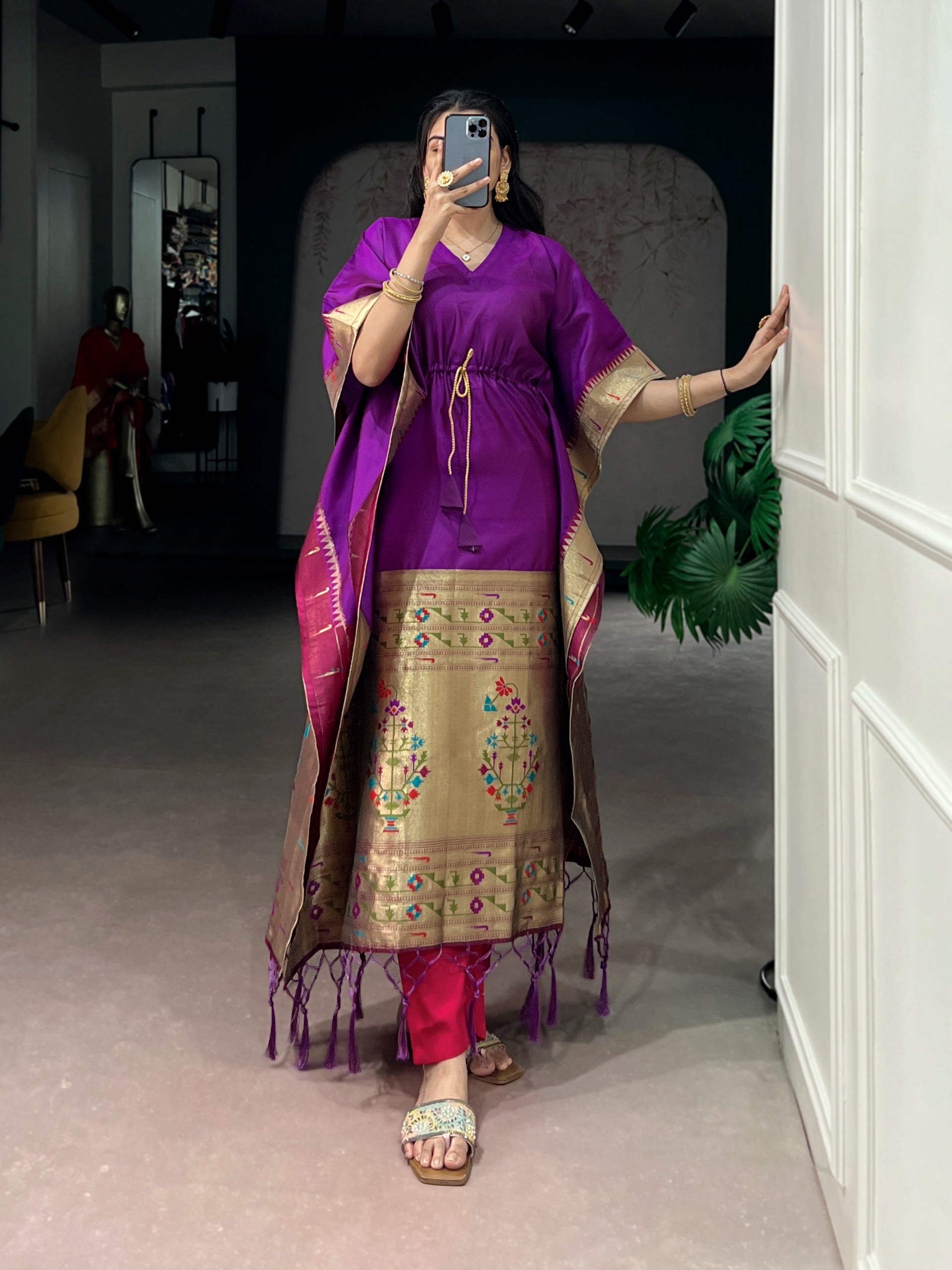 traditional purple outfit with floral design
