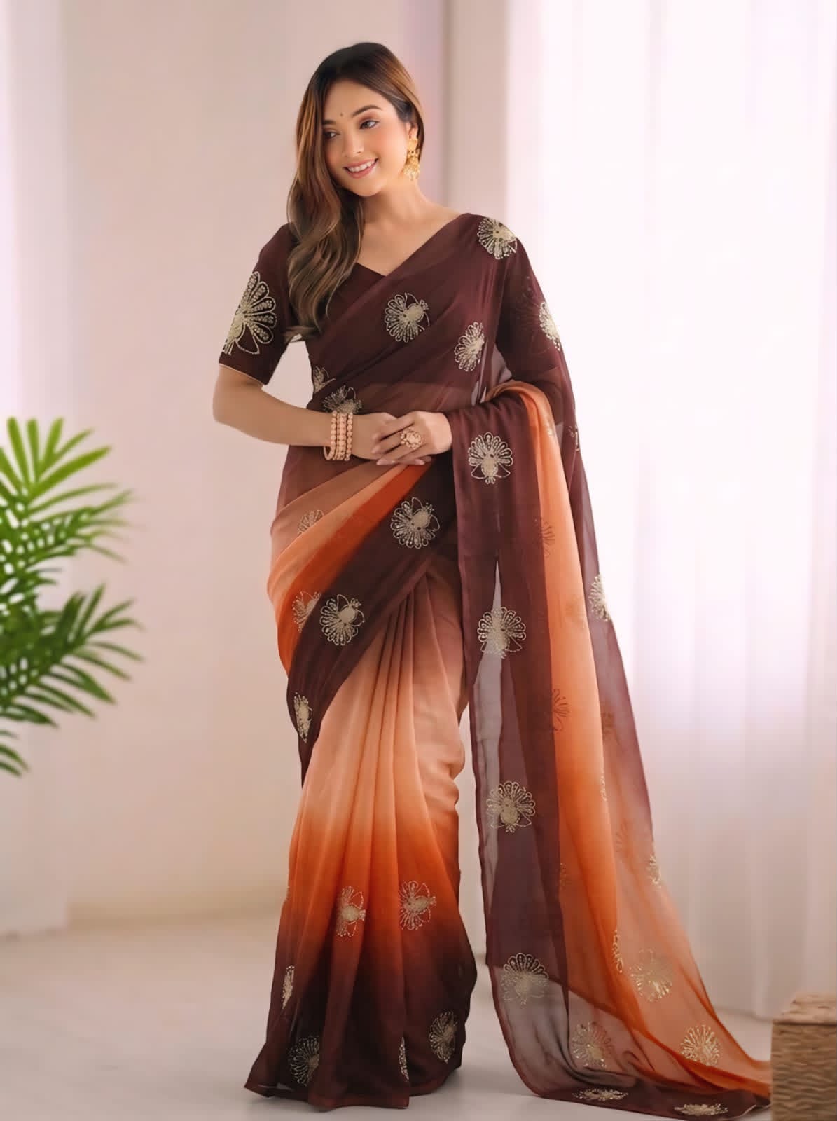 Tri Colour Fendy Silk Party Wear Sarees