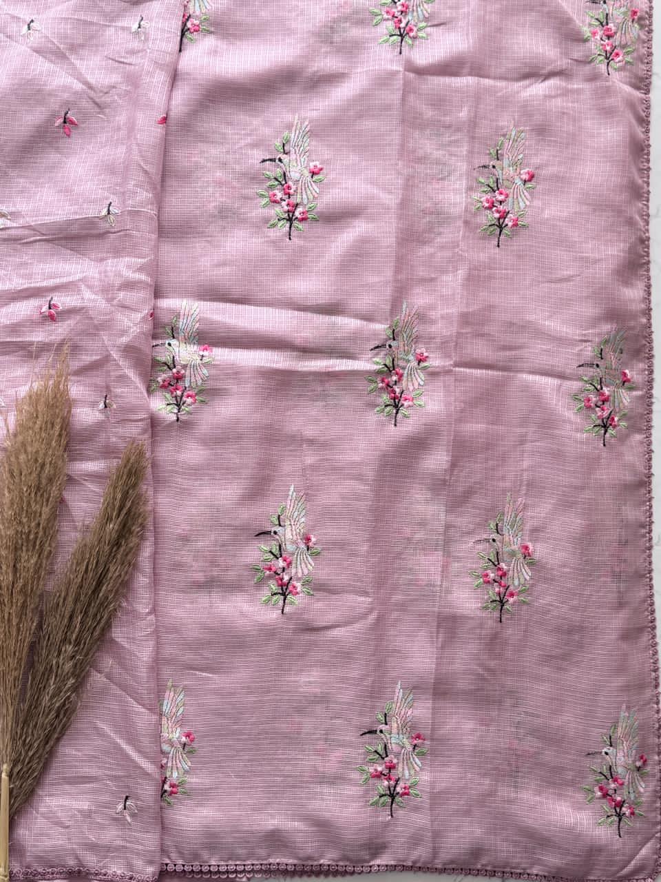 Peach Saree with floral embroidery work