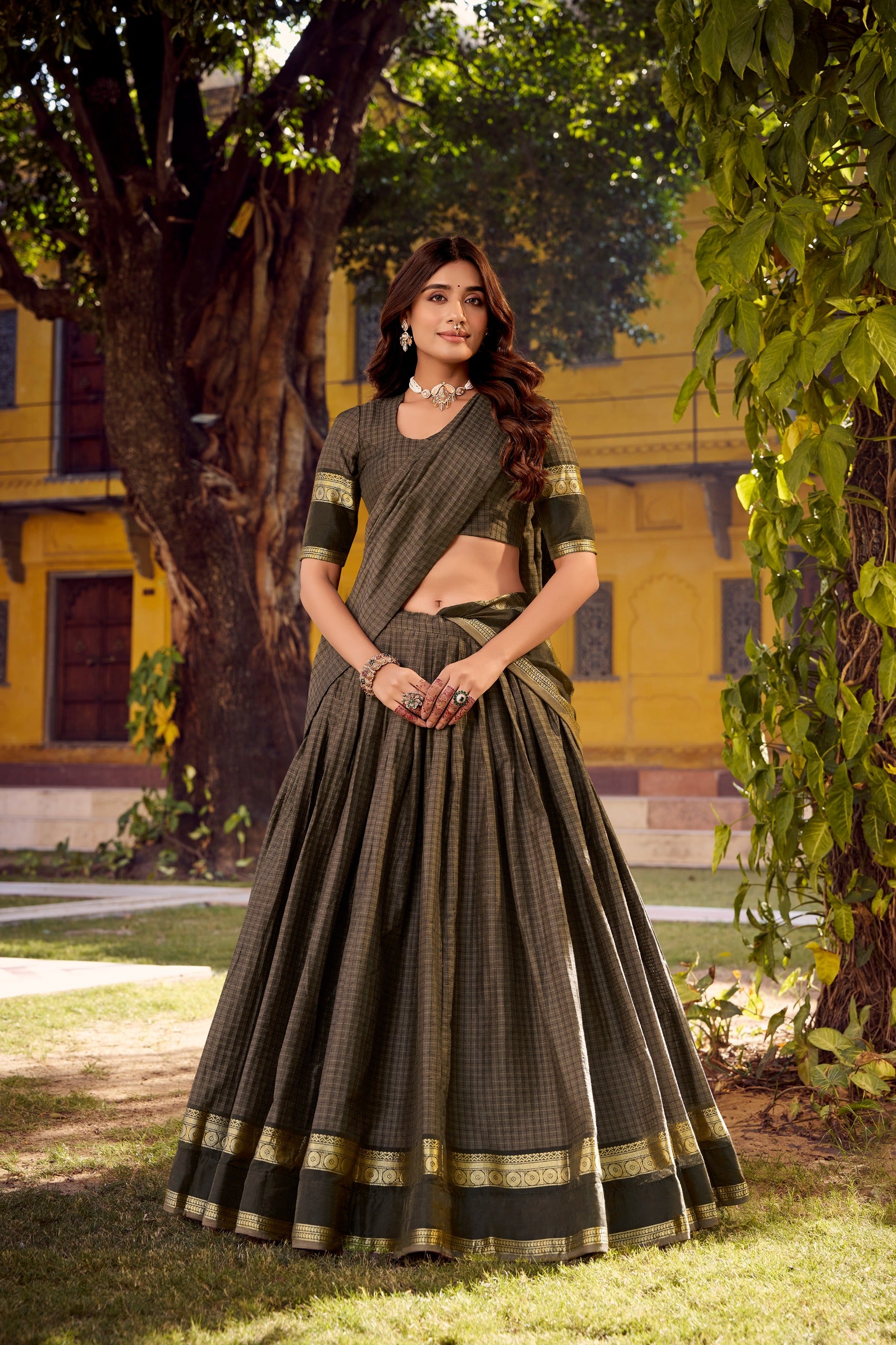 Gray lehanga with gold border 