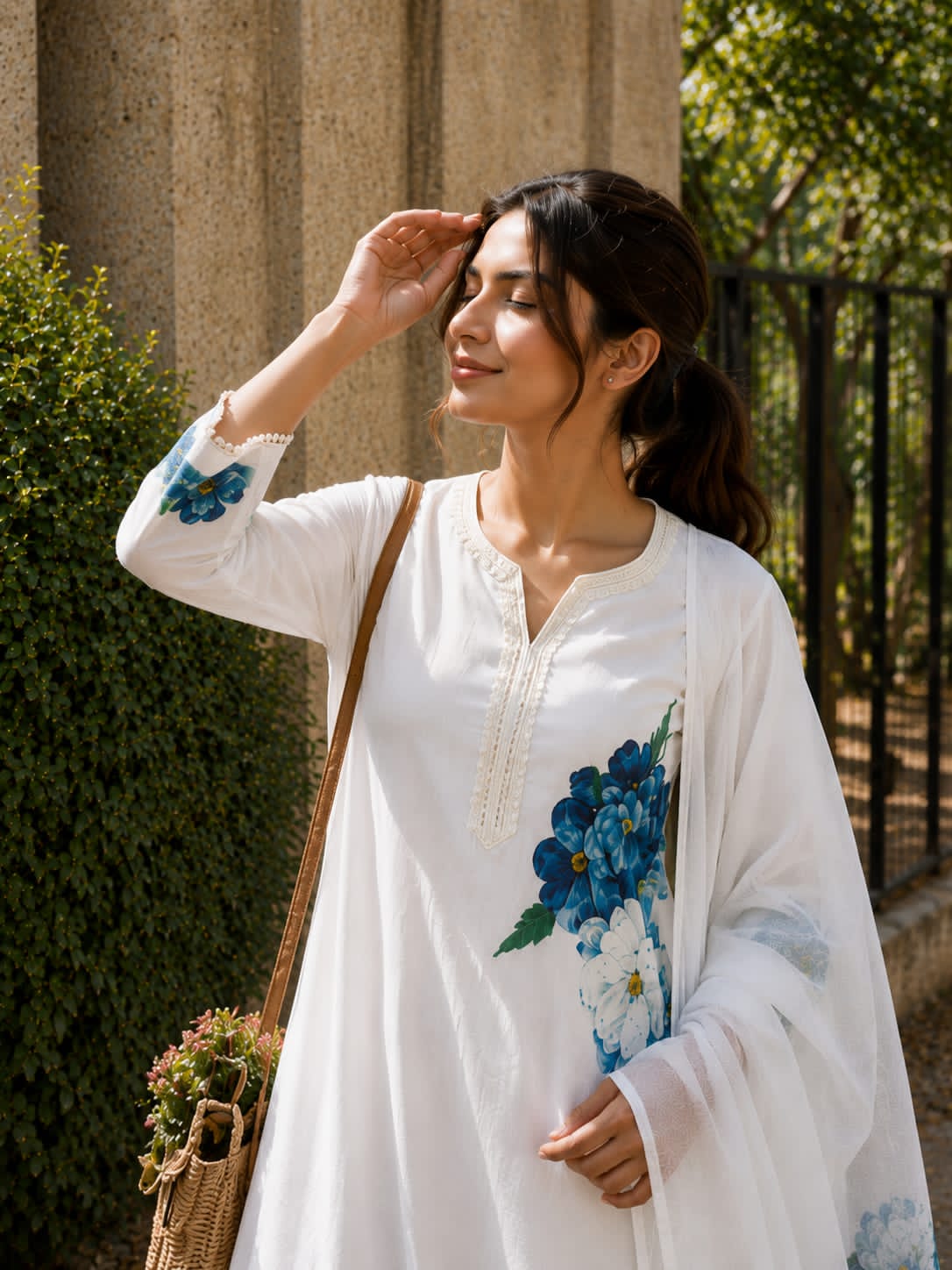 Woman wearing a white outfit with floral embroidery, standing outdoors.