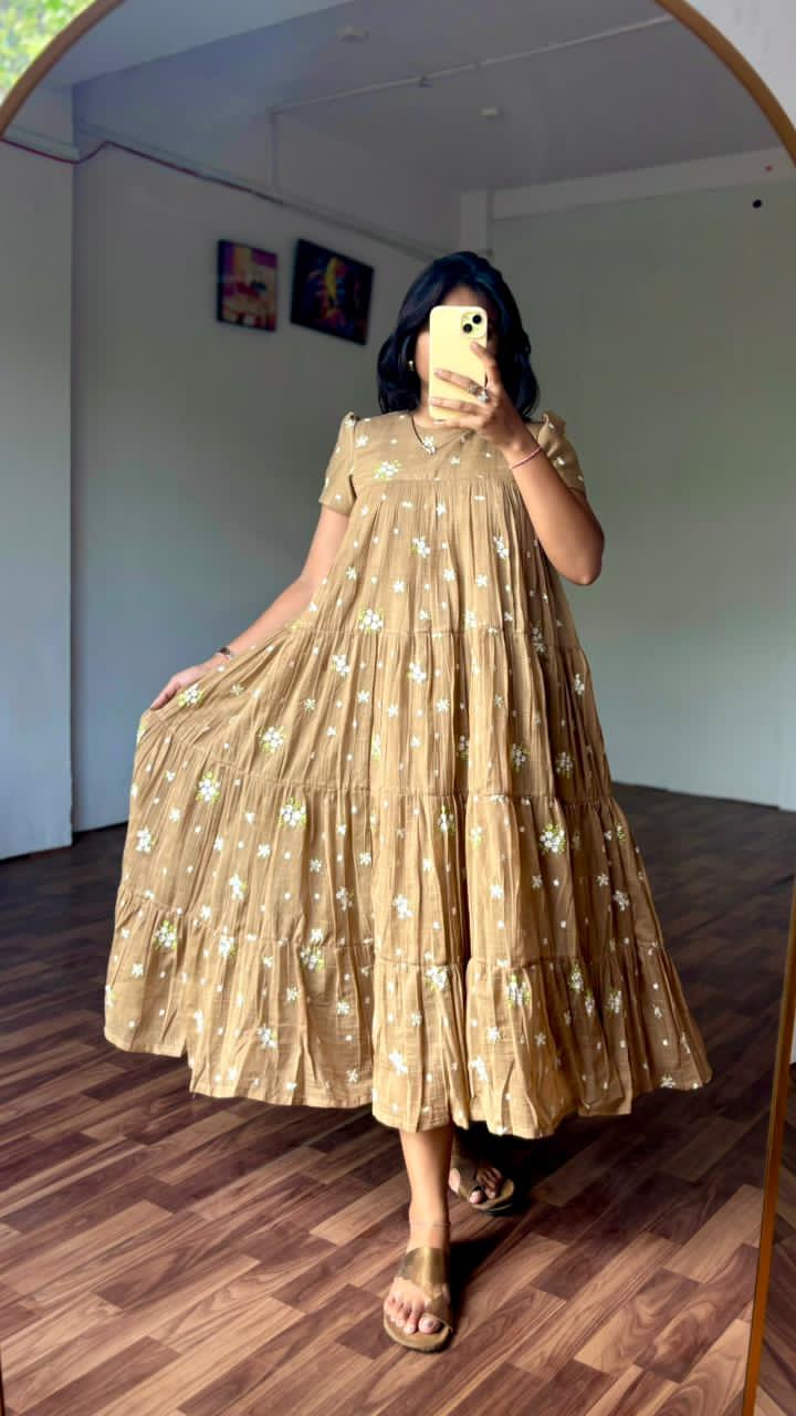 Person wearing a chiko floral dress taking a mirror selfie indoors.