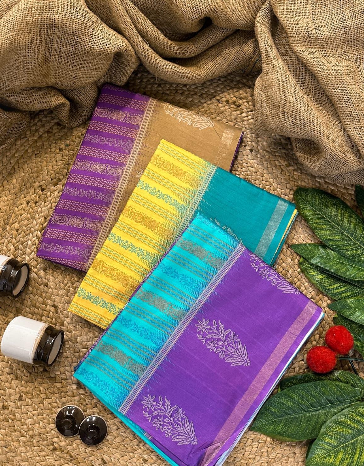 Teal blue, yellow, purple 