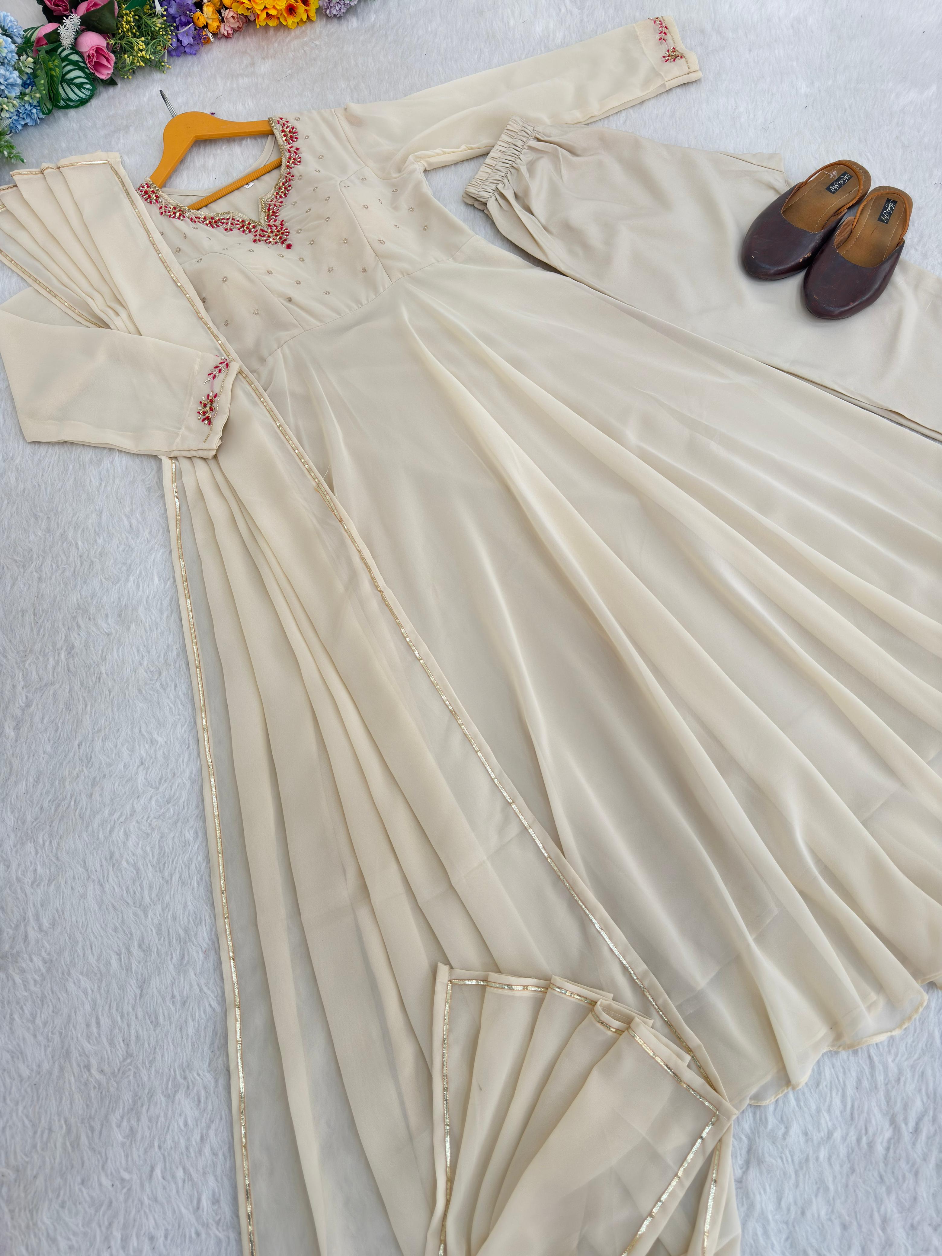 Beige dress with floral embroidery work 