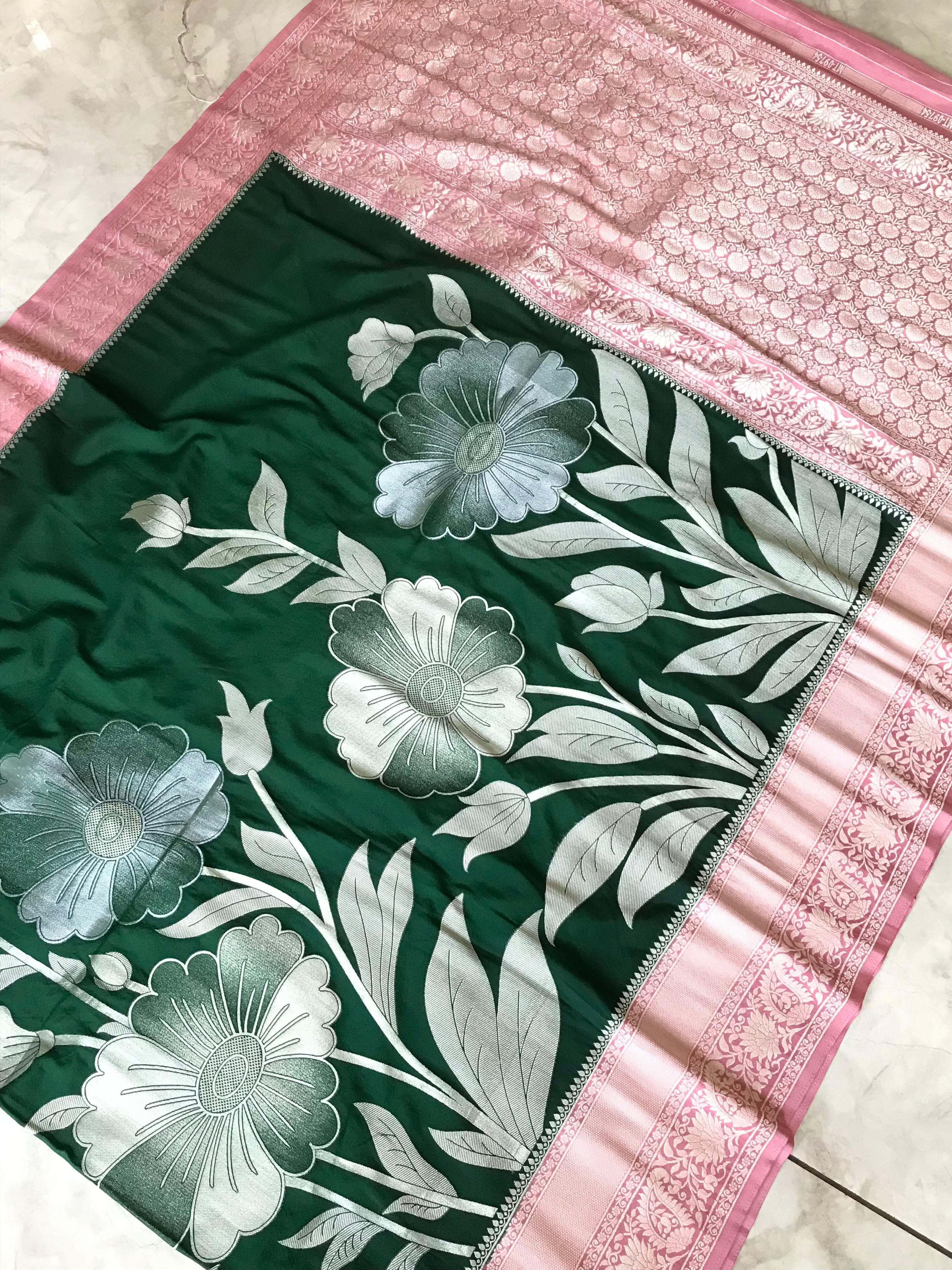 Bottle Green fabric with floral patterns 