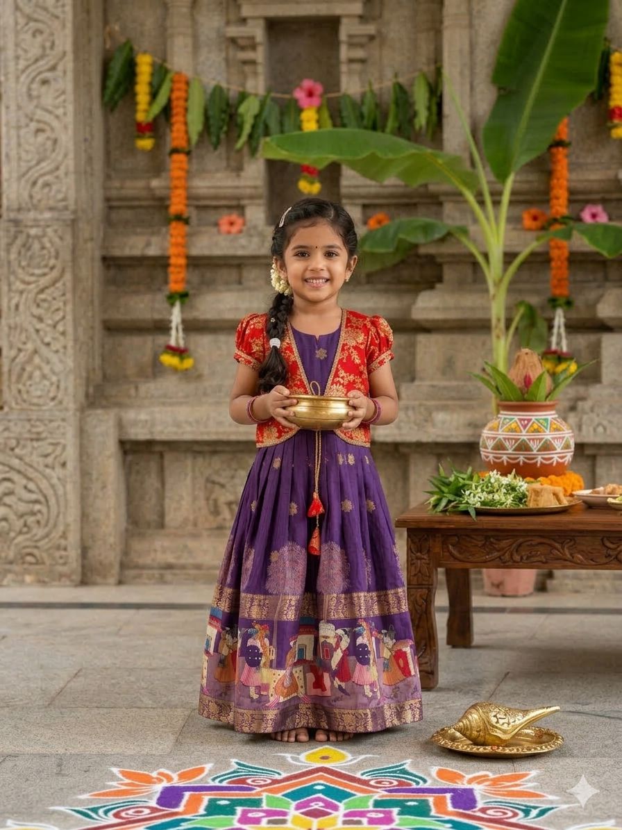 Young girl in purple traditional attire holding a bowl in a decorated indoor setting.