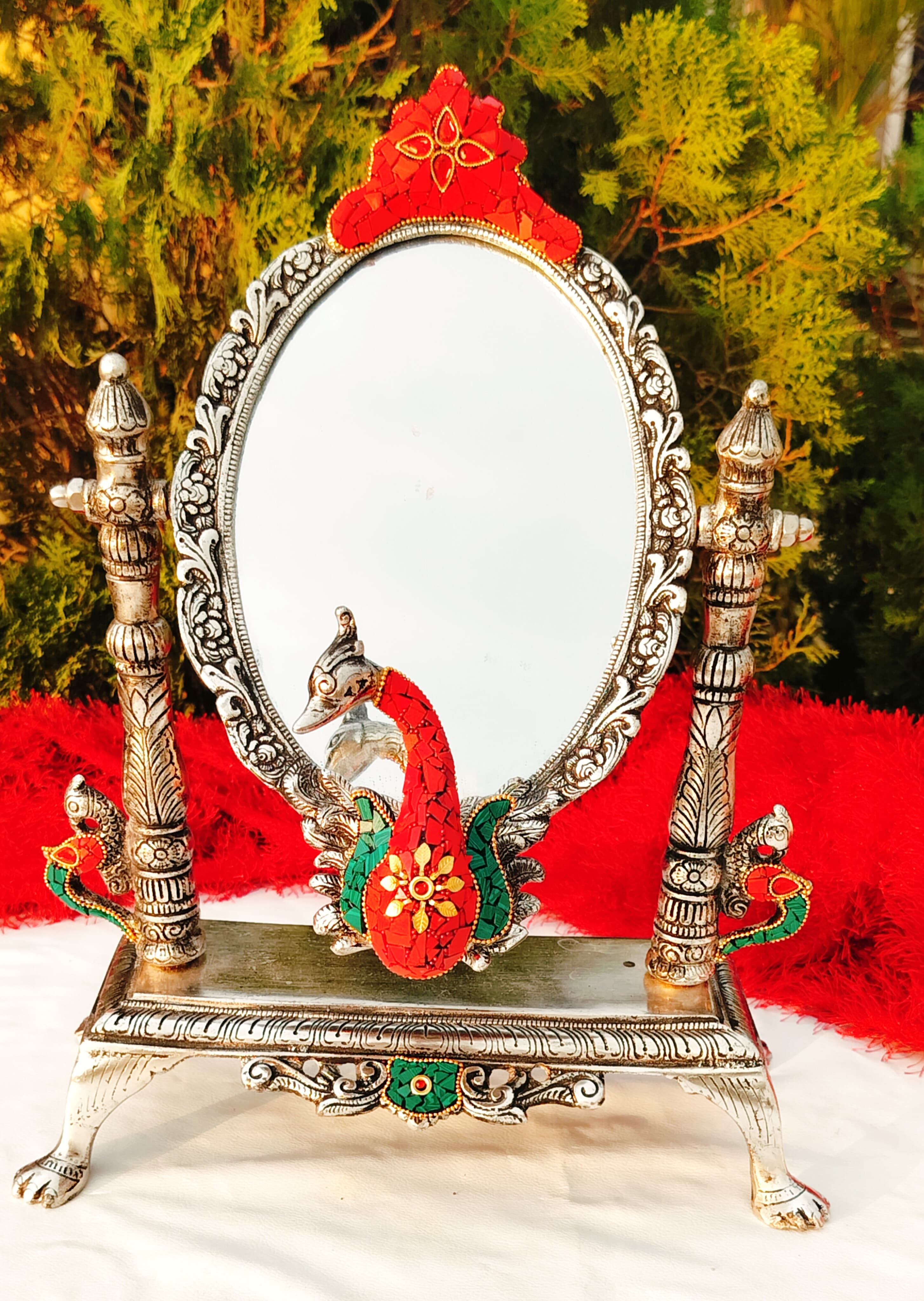 Antique german silver peacock table mirror