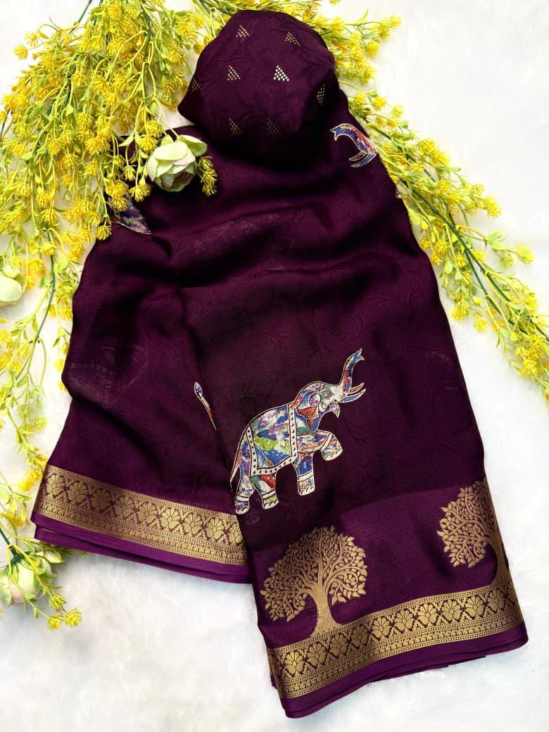 Wine saree with elephant design 