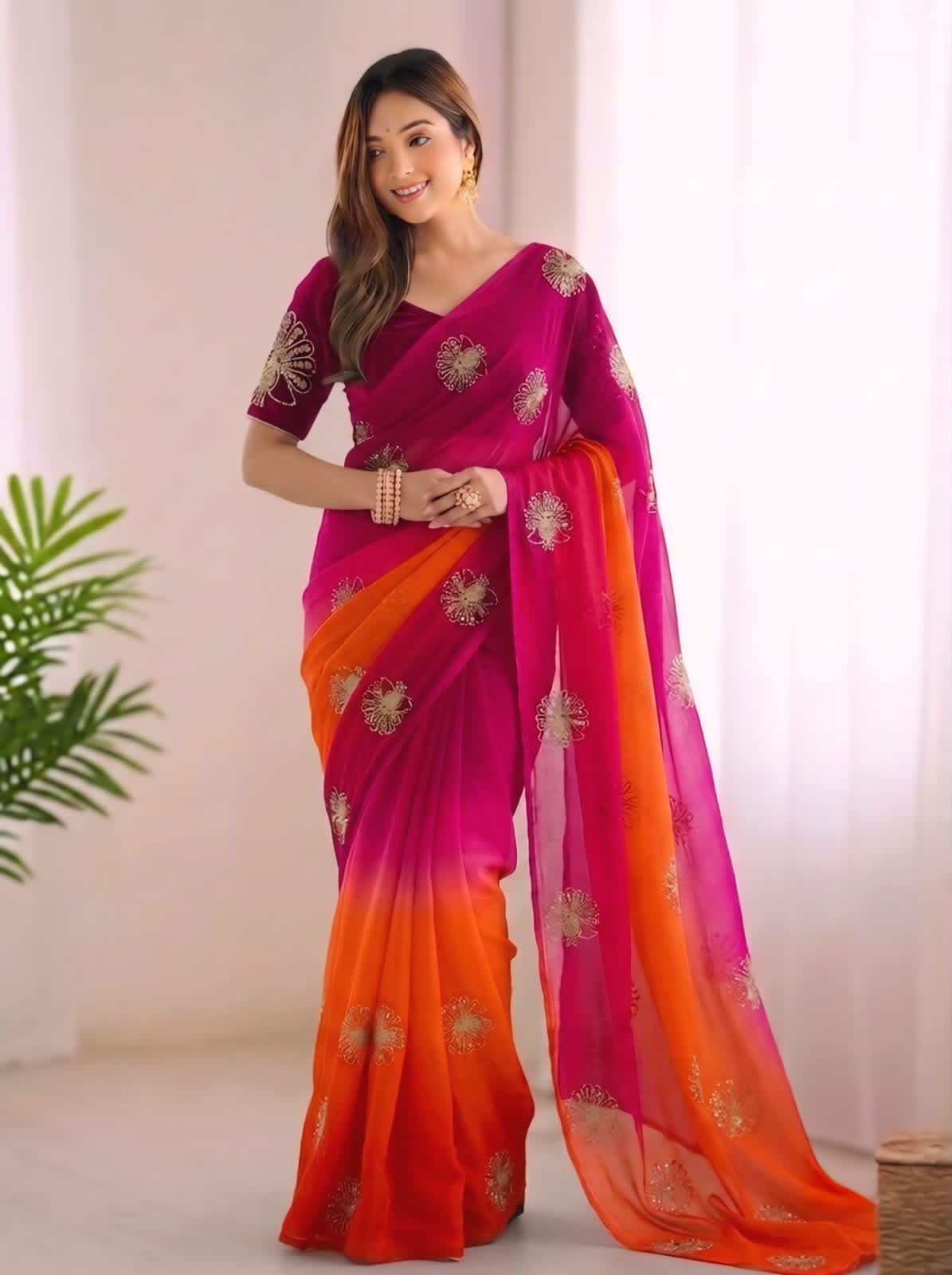 Tri Colour Fendy Silk Party Wear Sarees